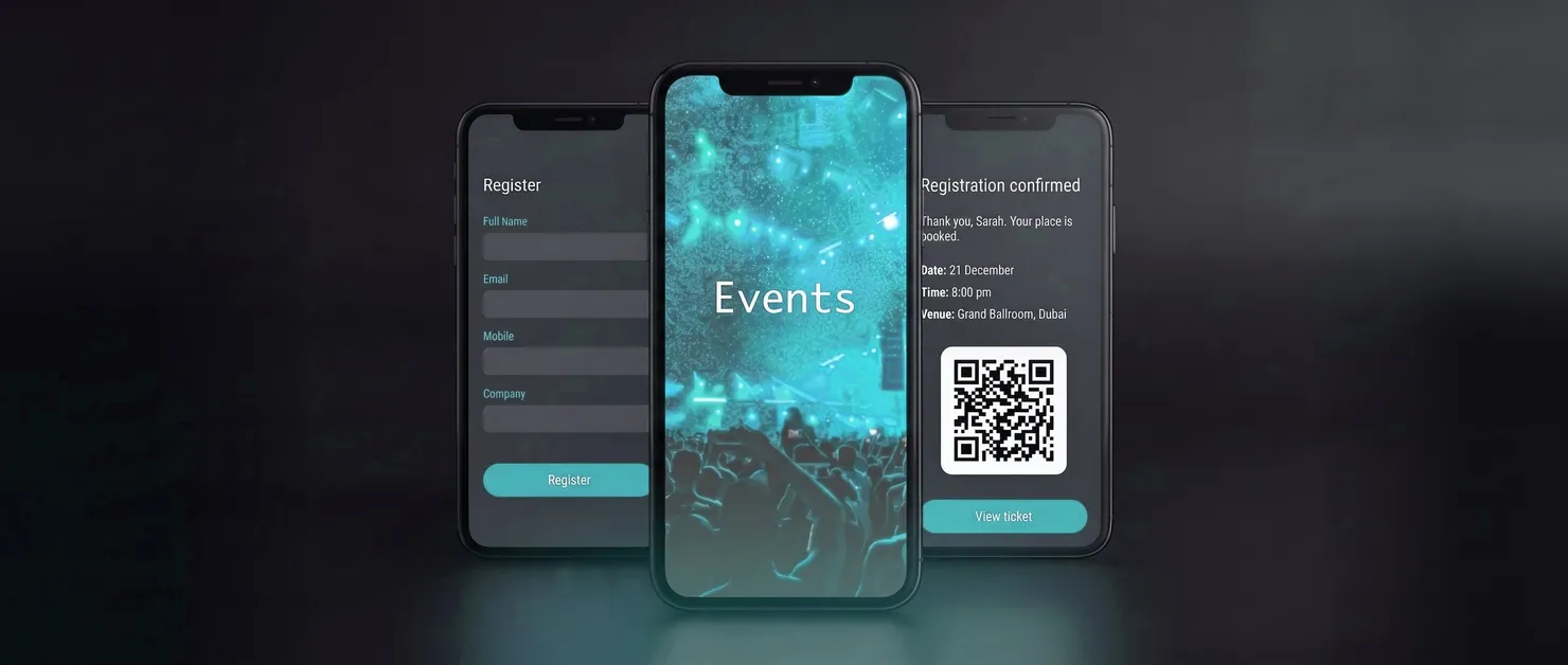 Three phones showing event registration, an event screen and a booking confirmation with a QR code