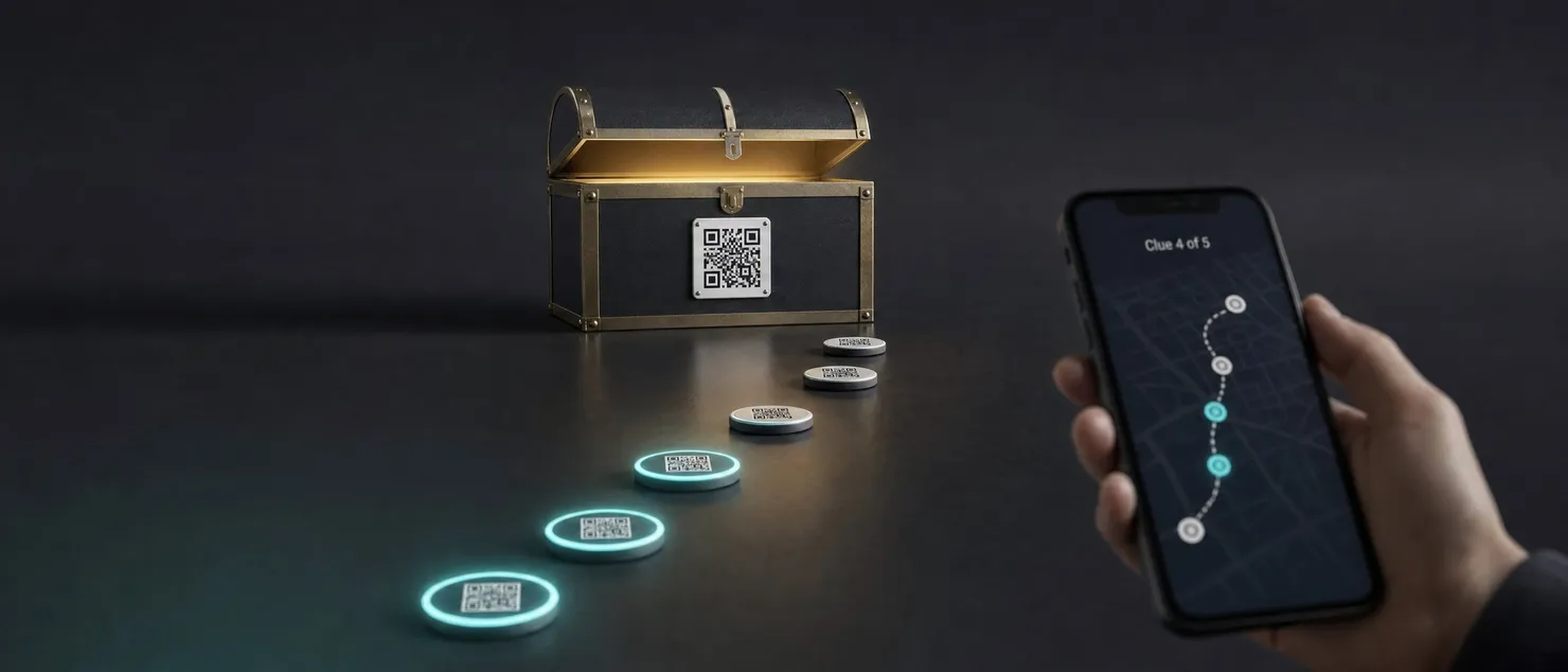 A trail of QR code checkpoints leading to an open treasure chest, and a phone showing the trail on a map with clue 4 of 5