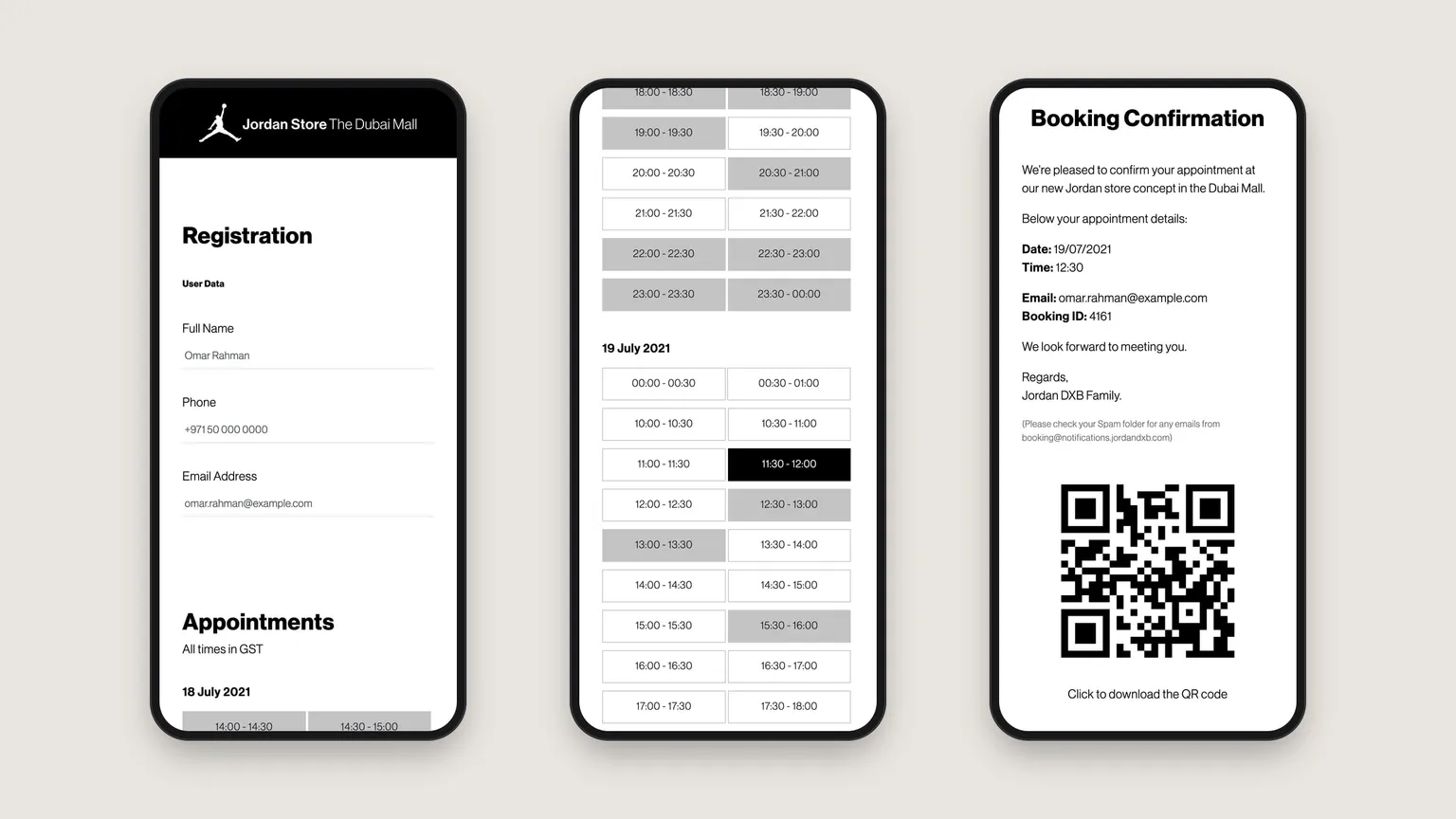 Booking a time slot on the phone, Nike Jordan – event registration platform