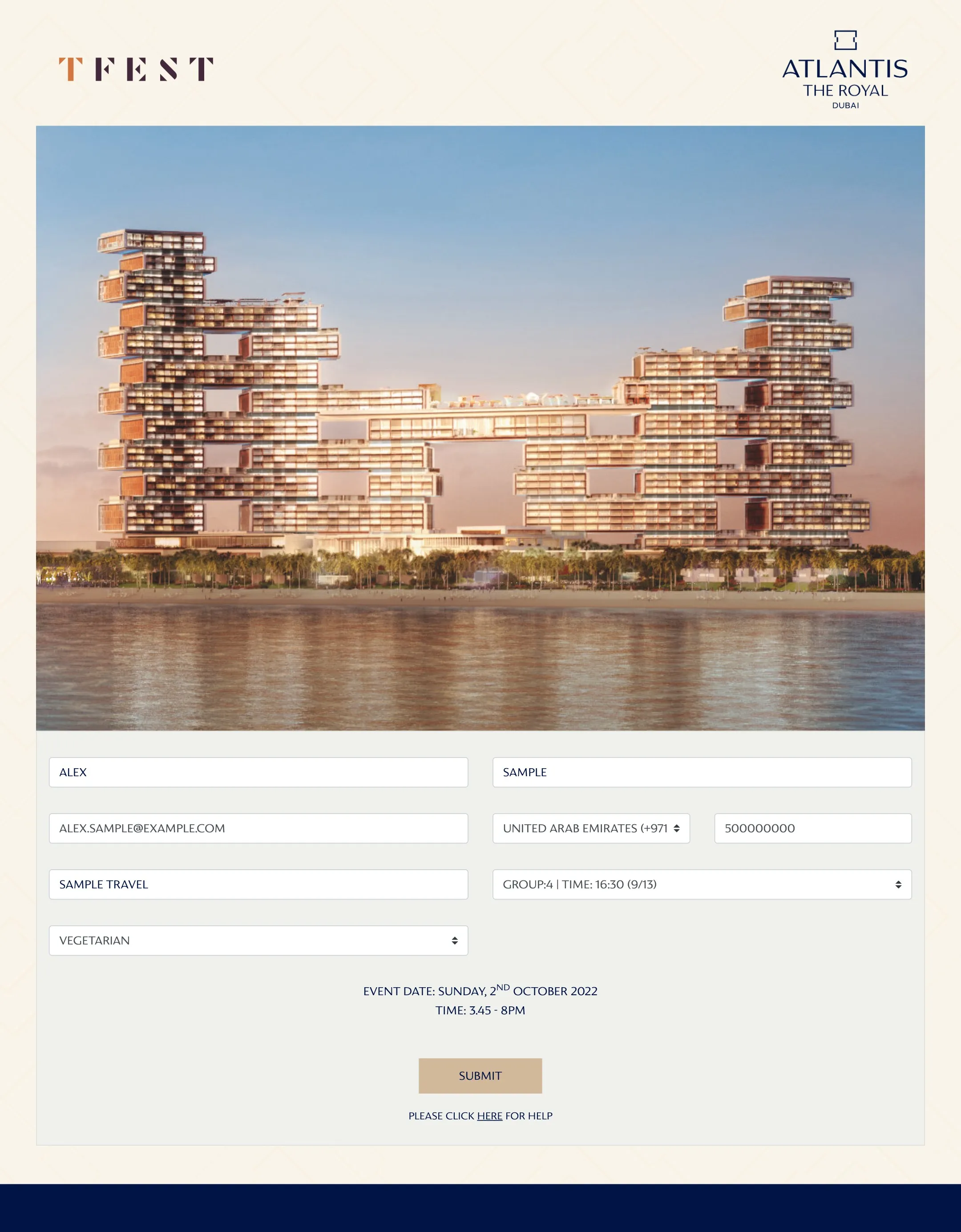 The whole booking page: logos, Atlantis The Royal, the form with tour group and time (sample guest)