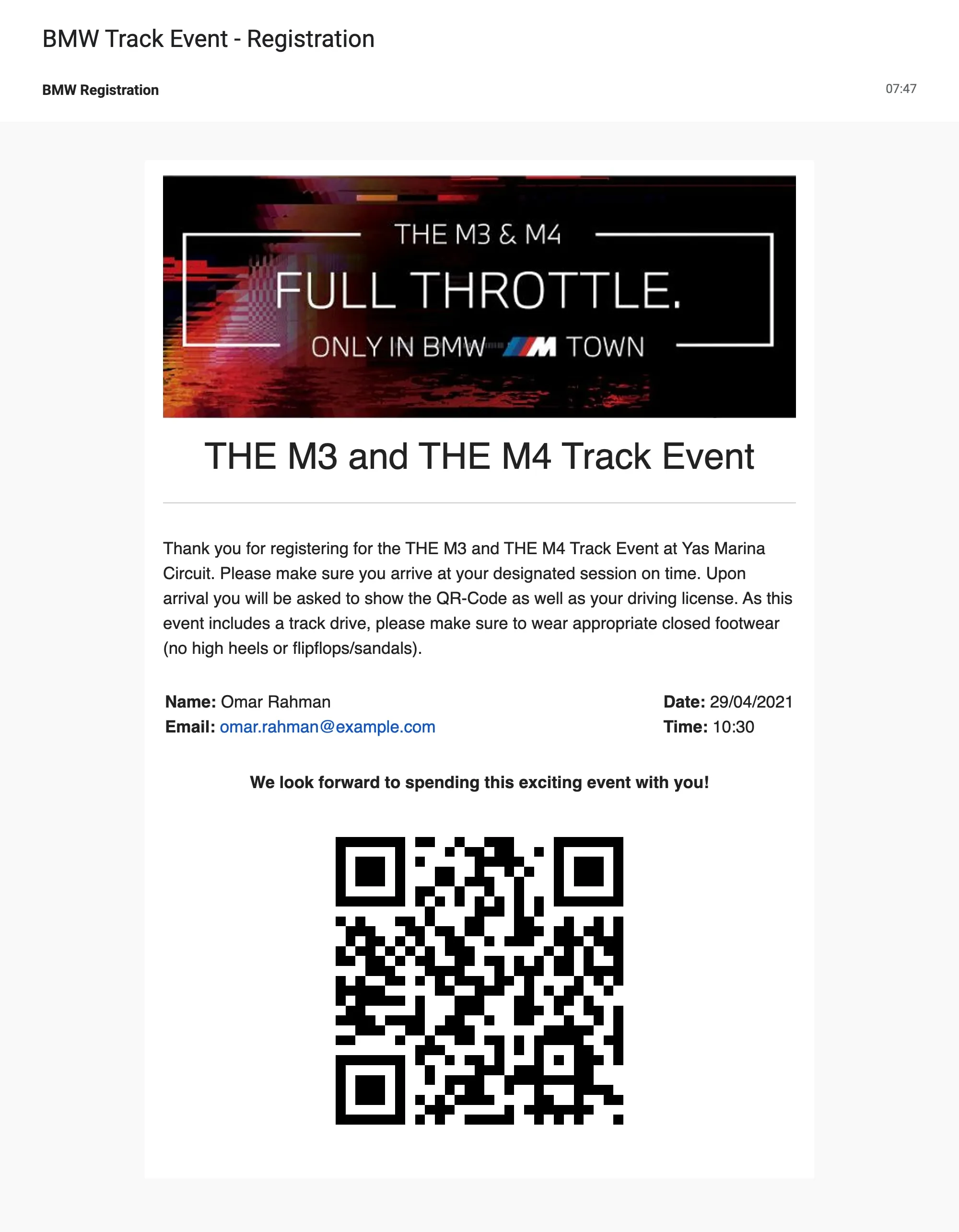 Confirmation email of the BMW M3 and M4 track event with the booking details and the QR code