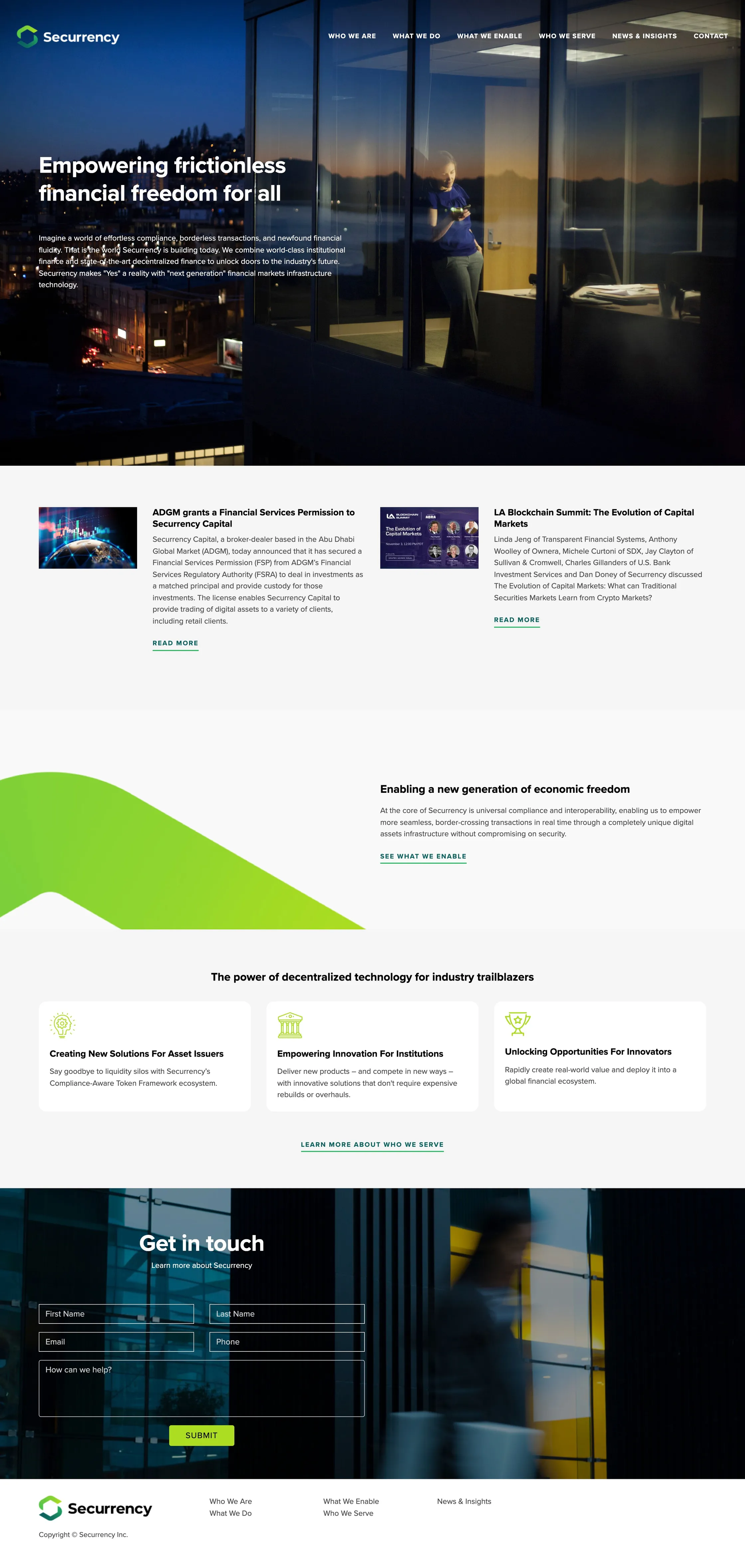 The whole start page of the Securrency website: hero, latest news, key messages and contact form