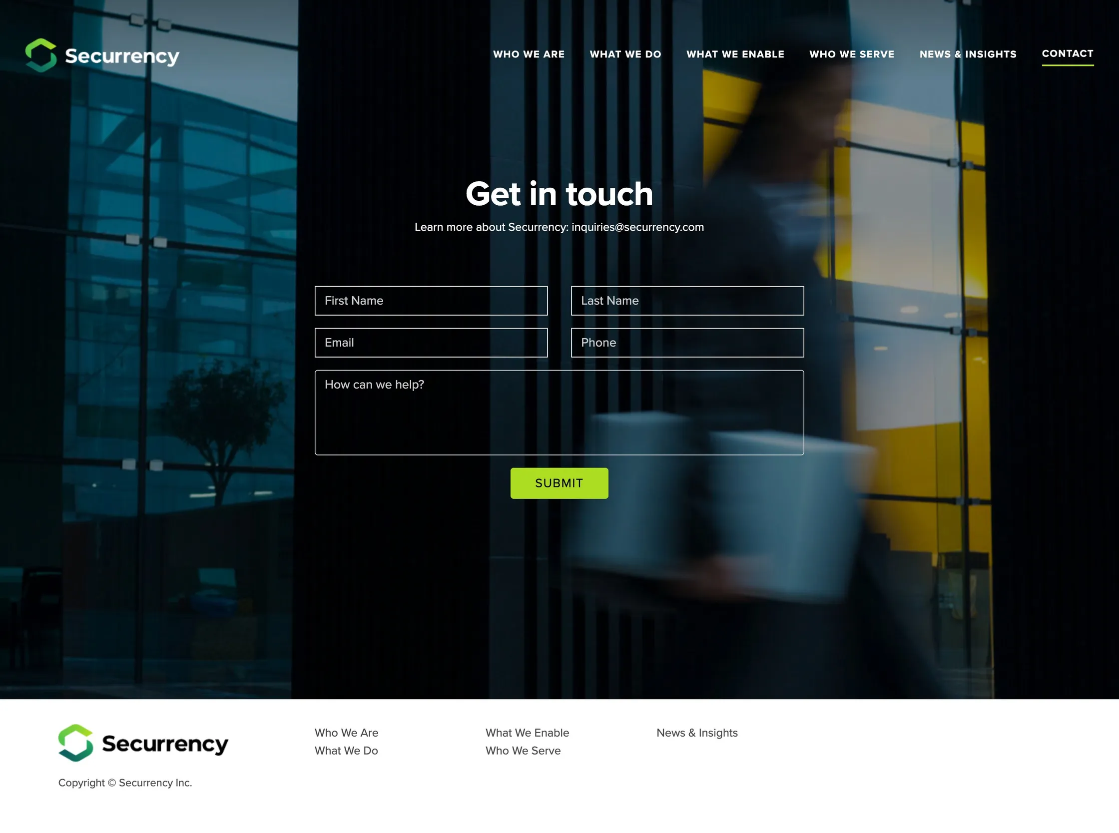 The whole Contact page with the enquiry form