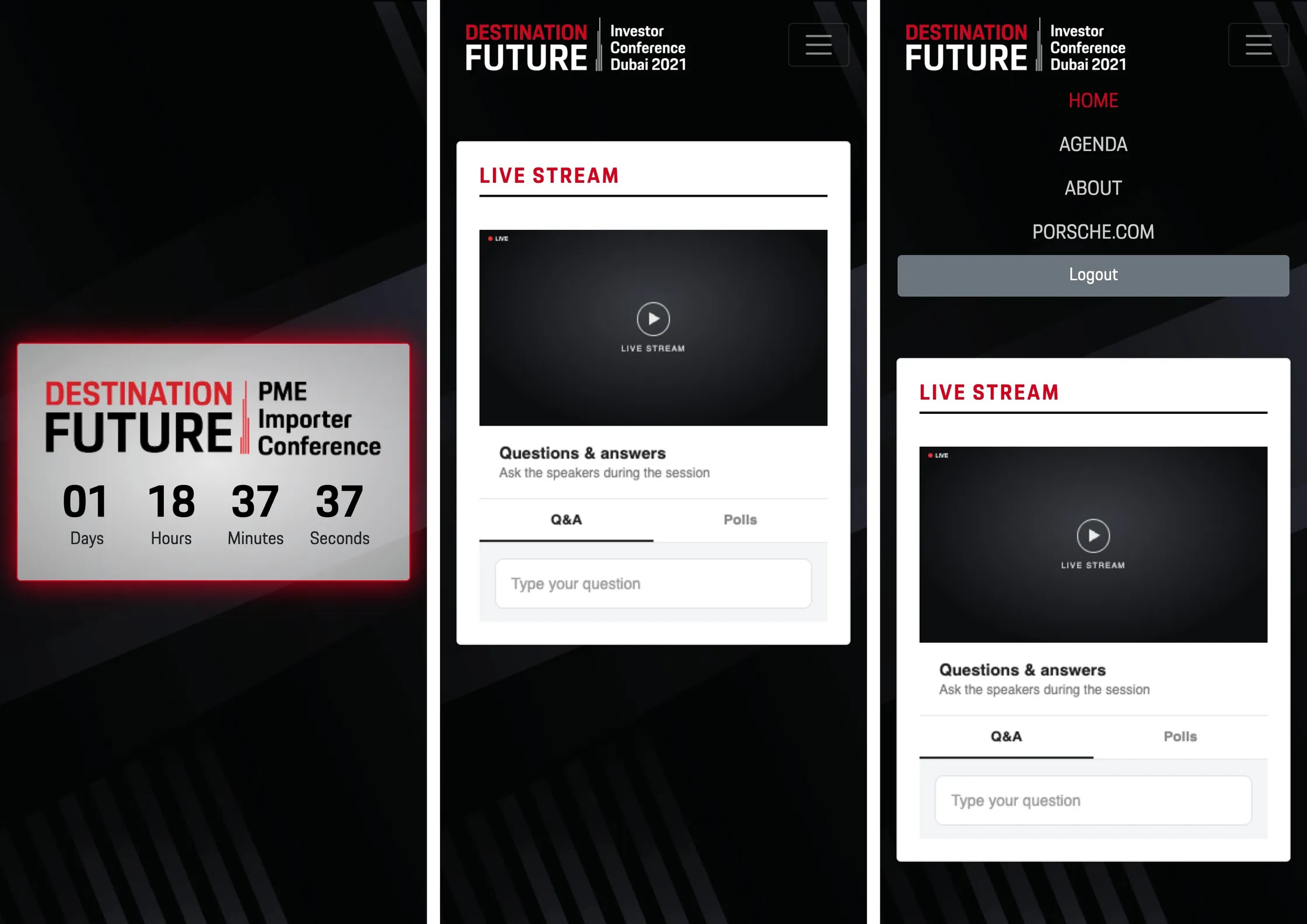 Three phone views: the holding page with the countdown, the live stream page and the open menu