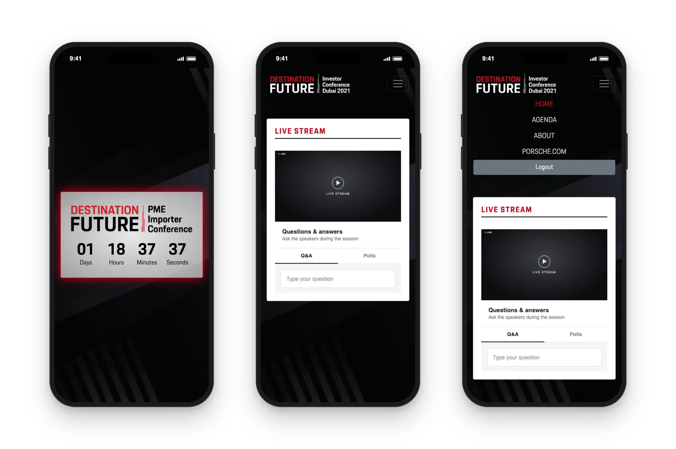 Destination Future on phones: the holding page with the countdown, the live stream page and the open menu