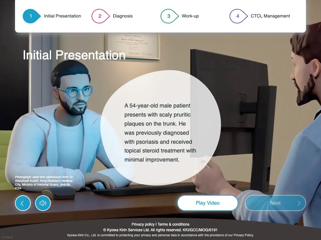 Initial presentation of a fictional patient case with a play video option