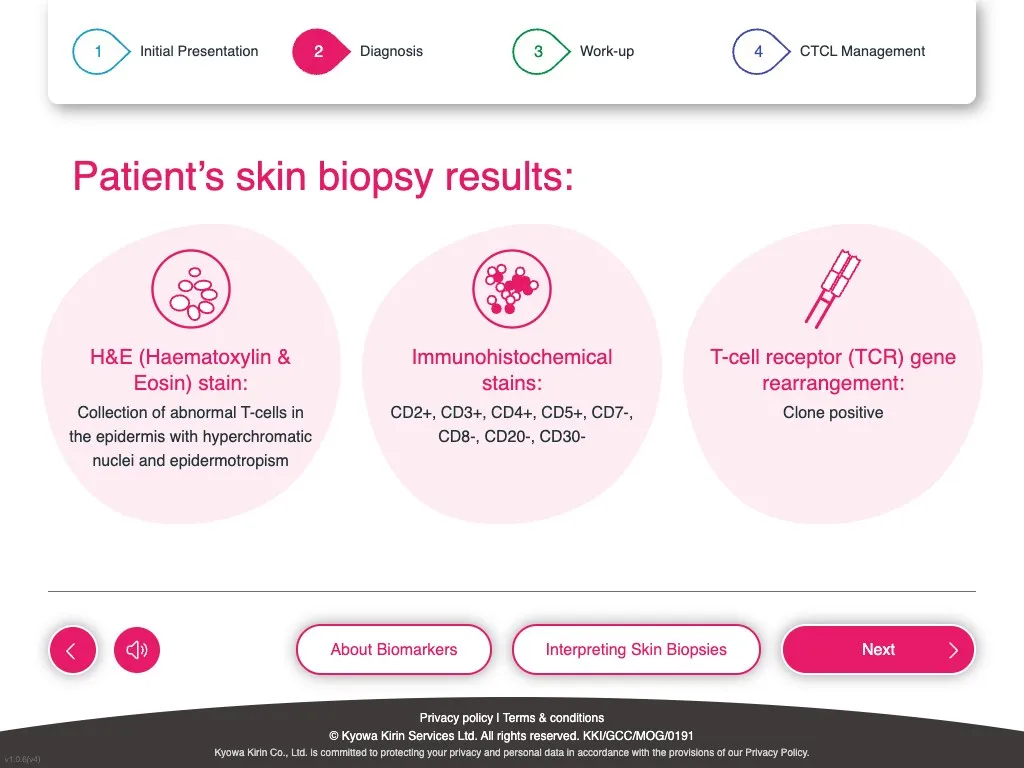 Patient skin biopsy results with biomarker and interpretation buttons