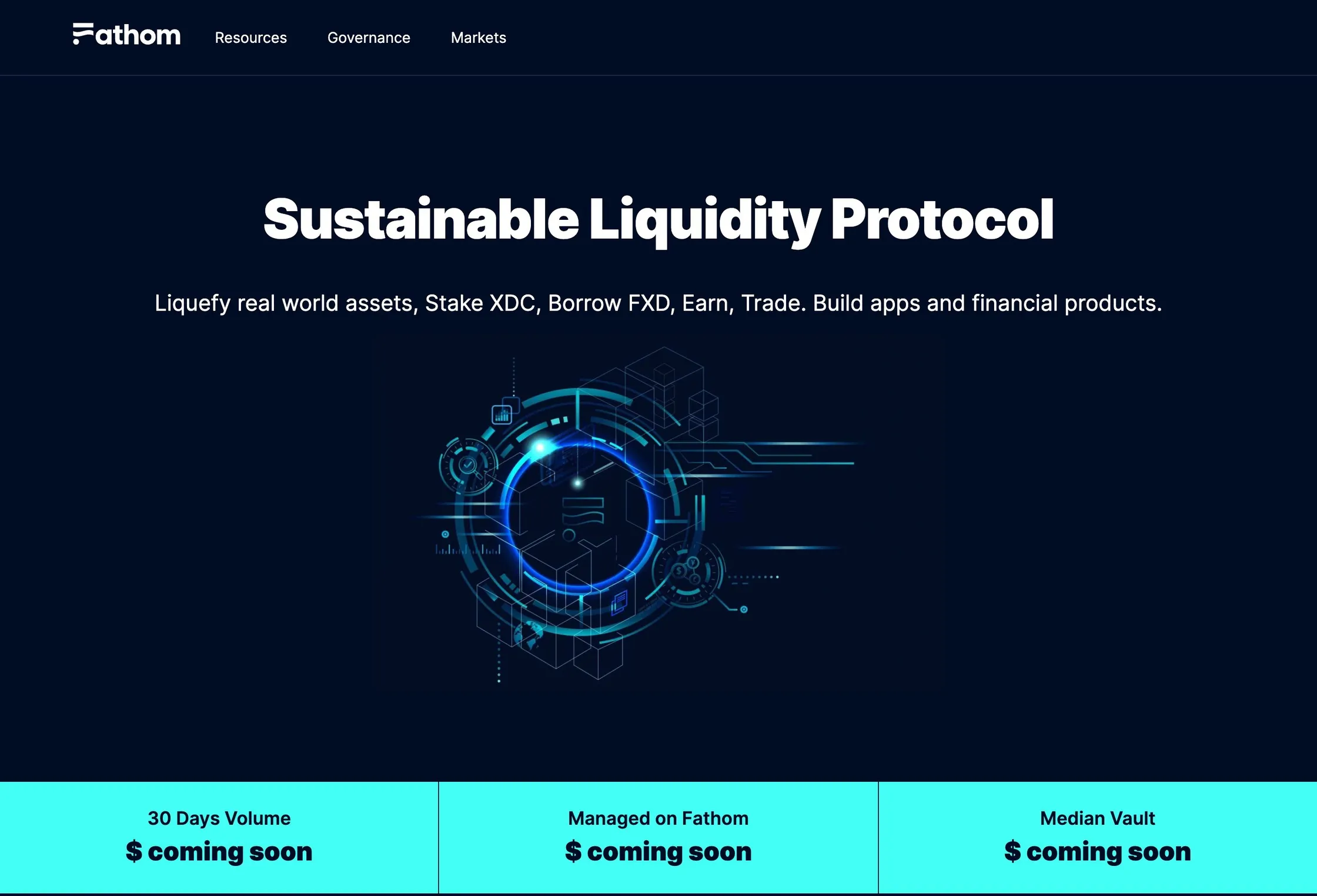 Fathom website: start screen with the headline, hero graphic and key figures