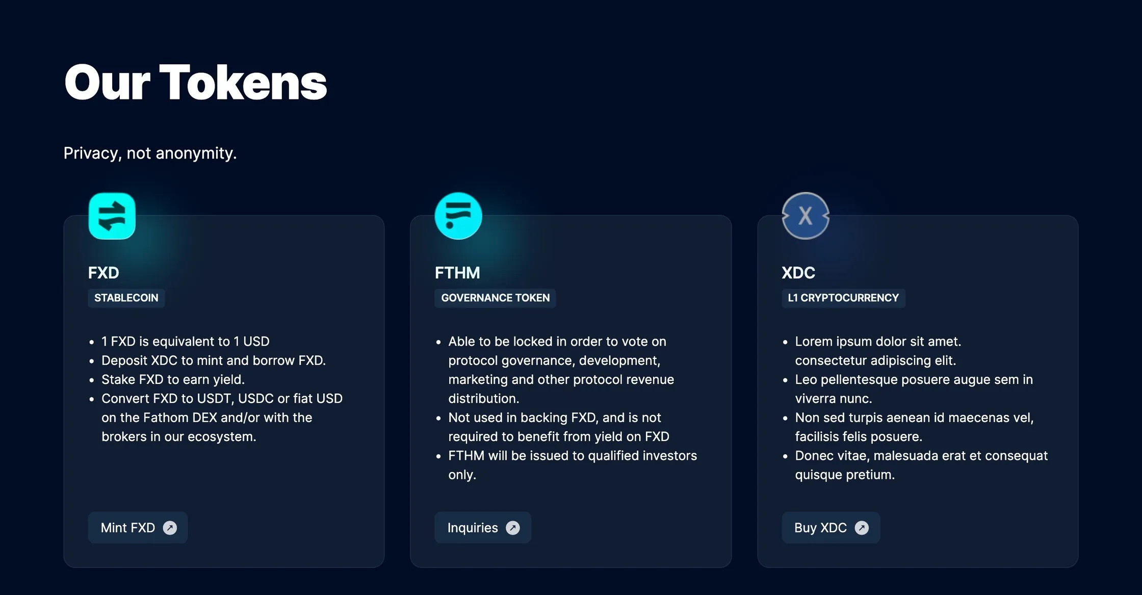 Fathom website: the three tokens FXD, FTHM and XDC