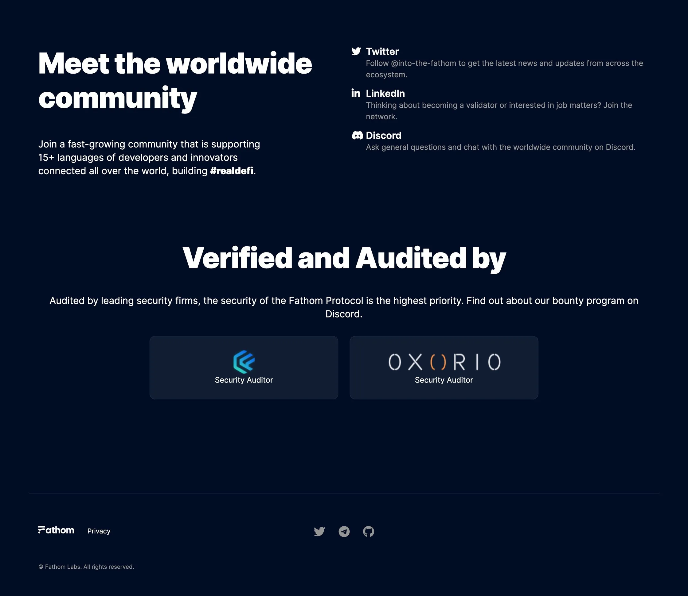 Fathom website: community links, security auditors and footer
