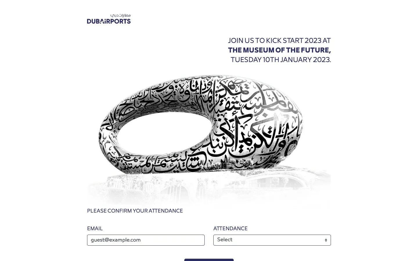 RSVP microsite with the invitation to the Museum of the Future and the guest's email filled in