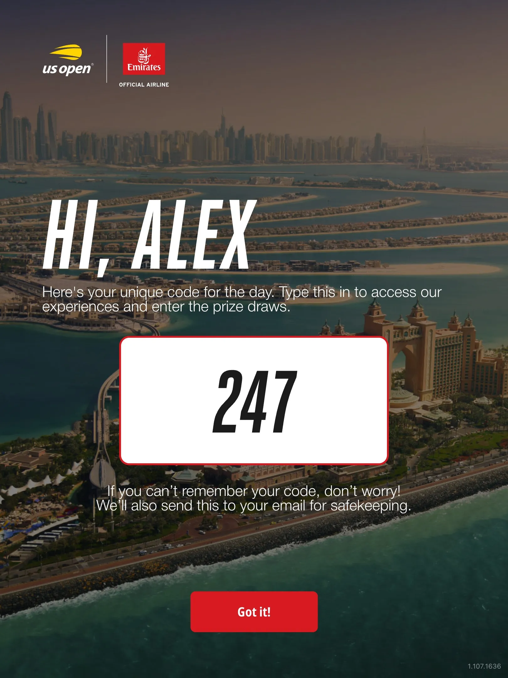 iPad registration showing the visitor's personal code