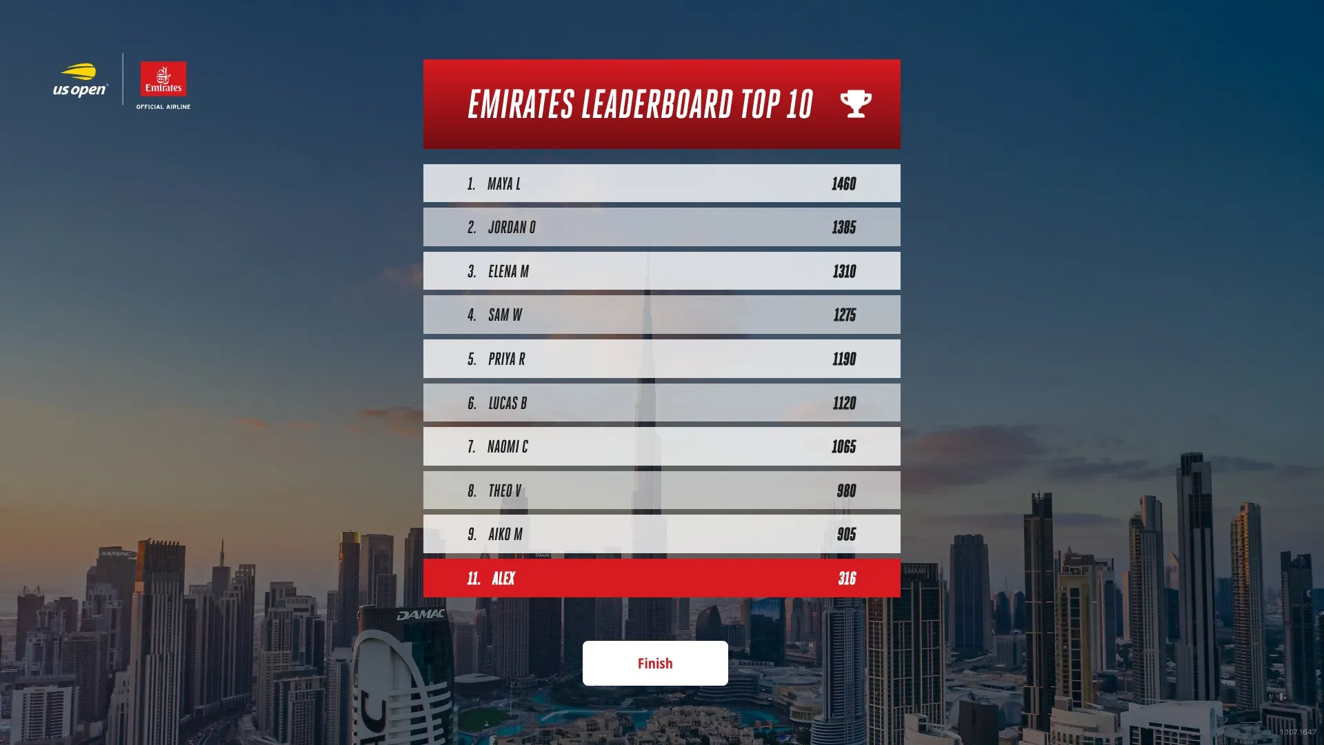Top 10 leaderboard of the day with the player's own rank and score