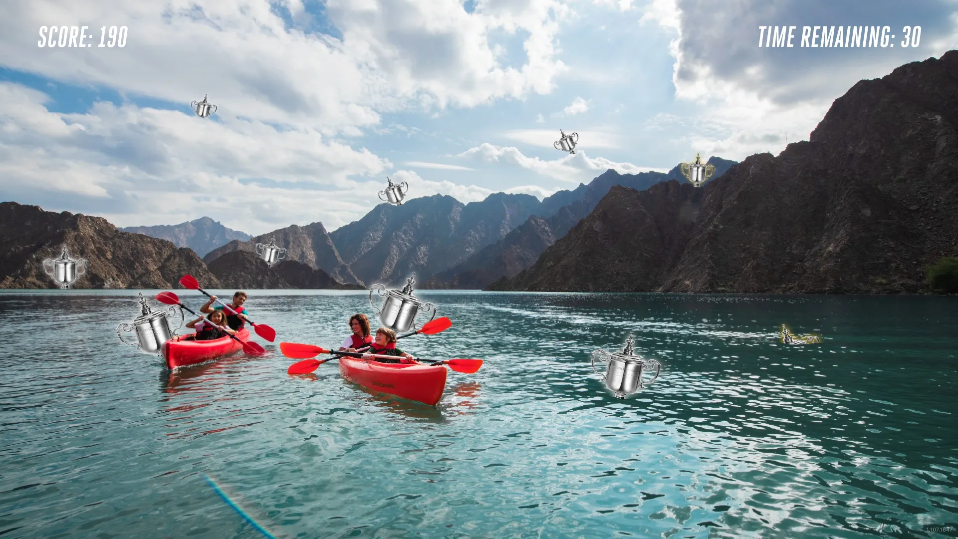 Kayak scene on a mountain lake with trophies of different sizes