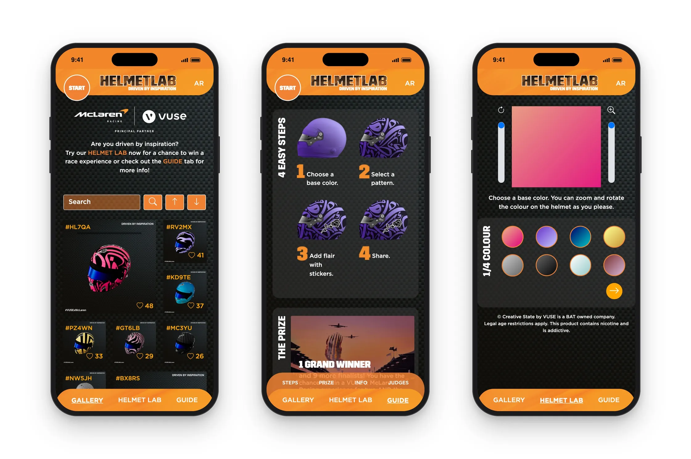 Helmet Lab on phones: start page with the design gallery, the guide with the four steps, and the colour step