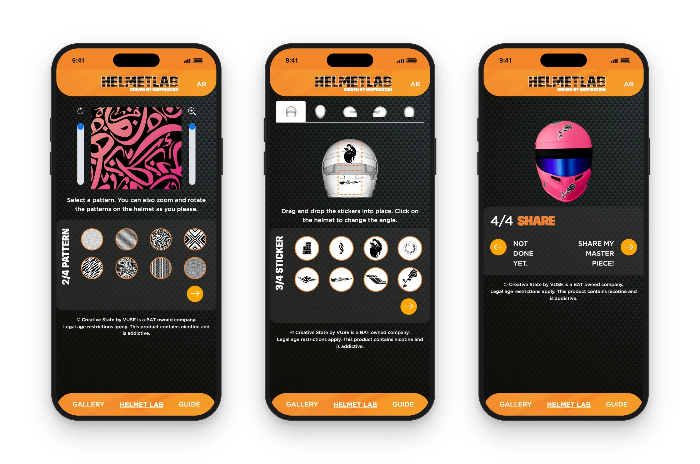 Helmet Lab on phones: the pattern step, placing stickers on the helmet, and the share step