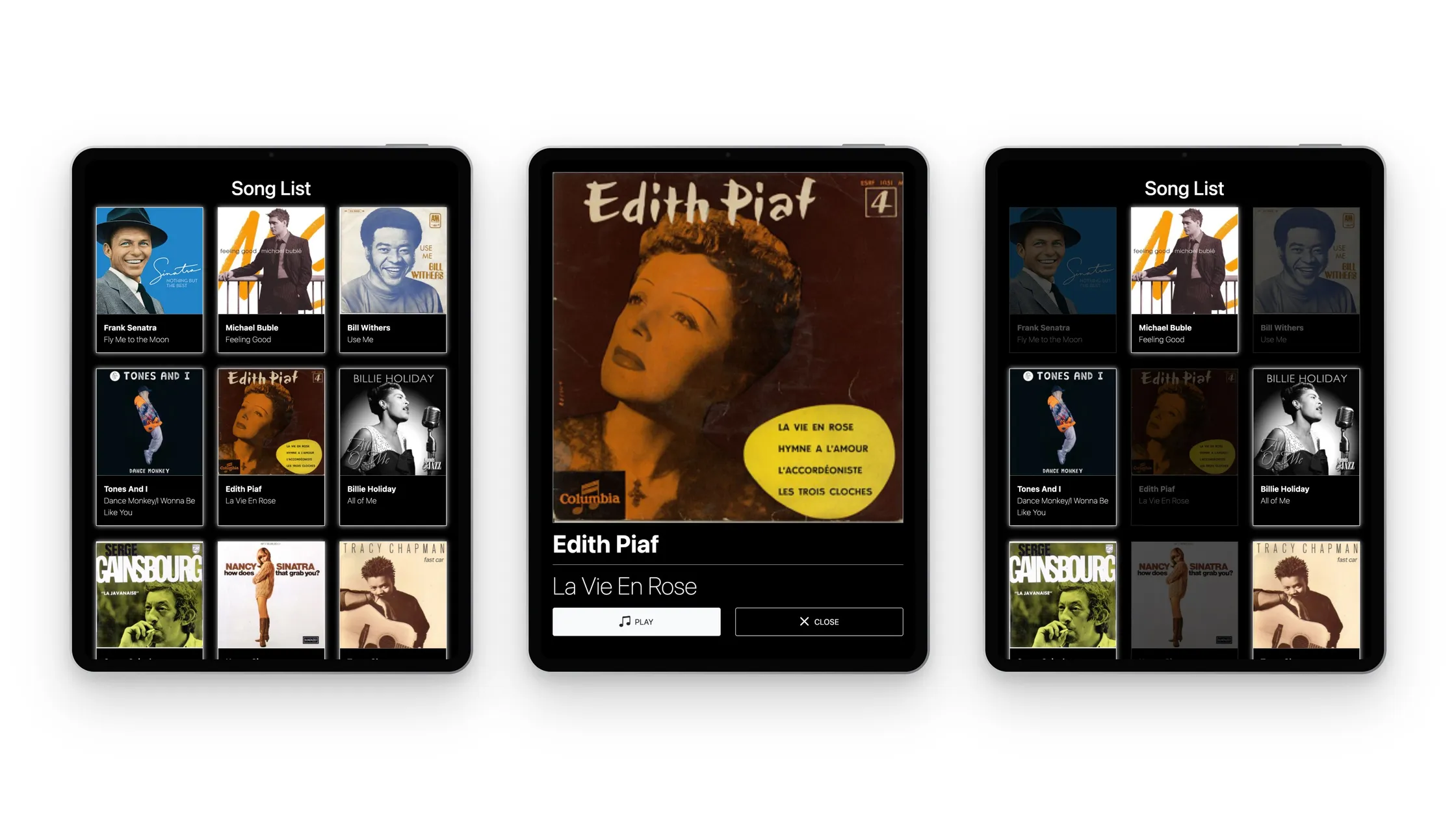 Jukebox app on iPads: the song list, a song's detail page with the play button, and the list with chosen songs dimmed