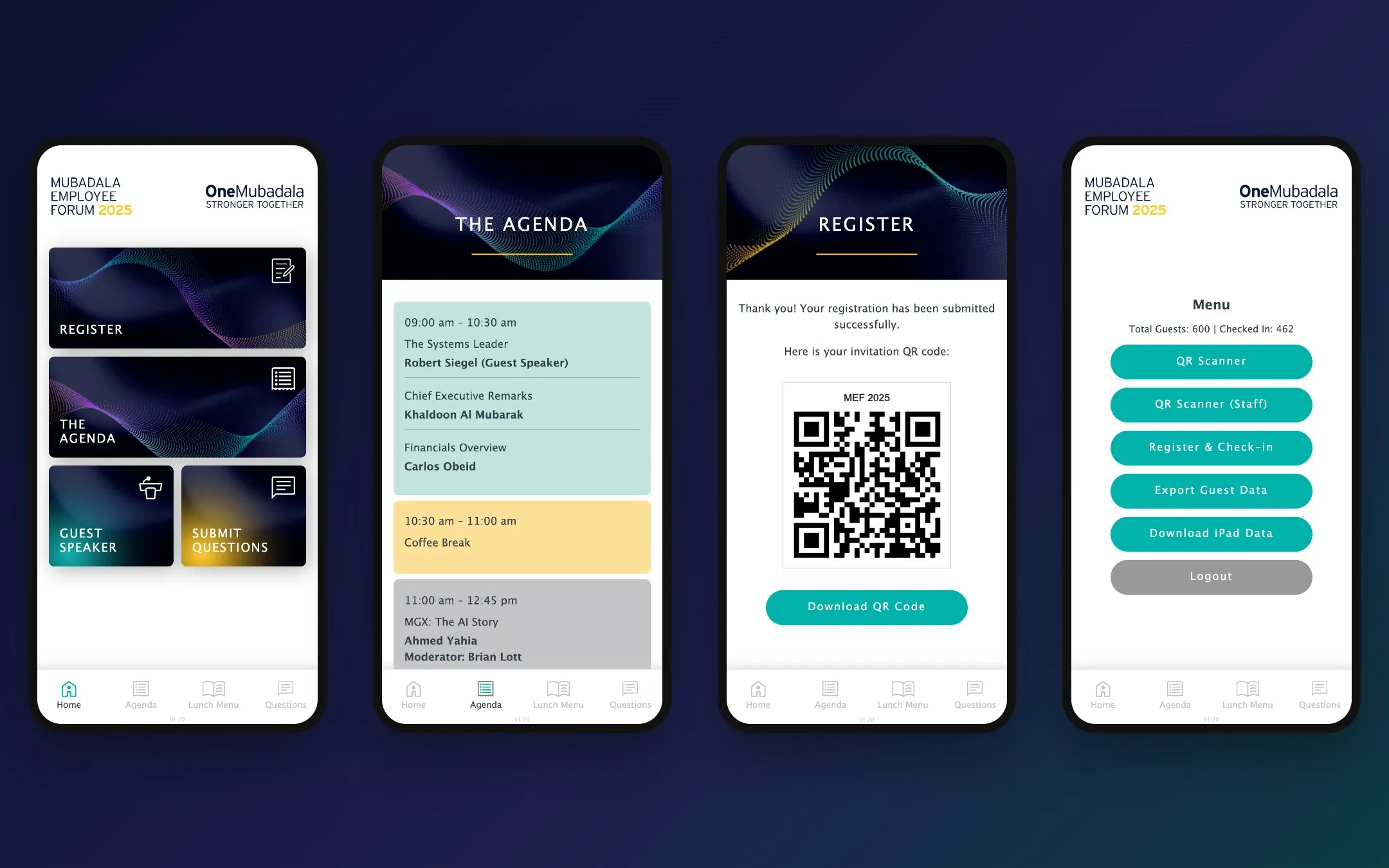 The app on a phone: home screen, agenda, QR invitation and the hosts’ menu