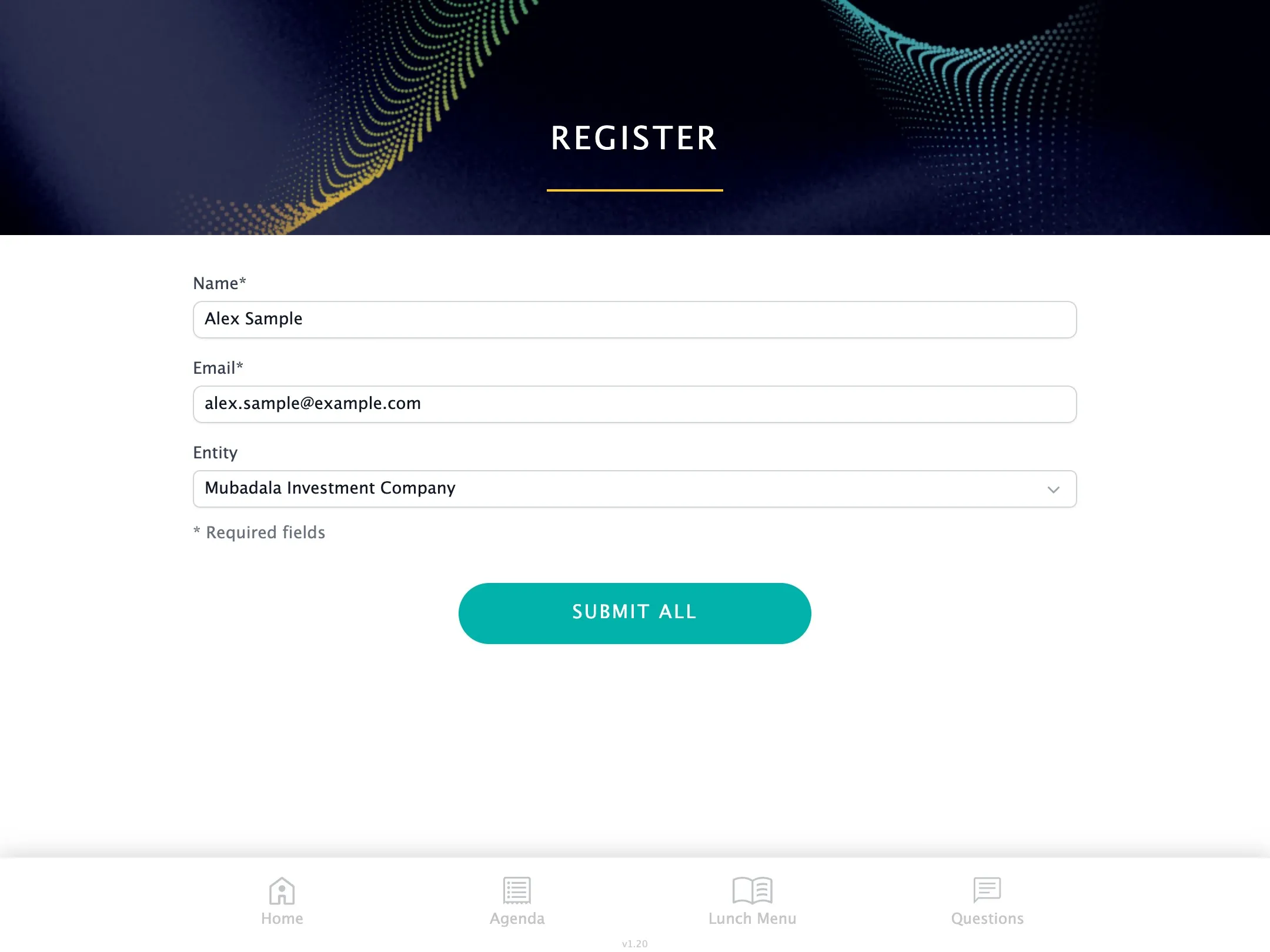 Registration with name, email and entity (sample guest)