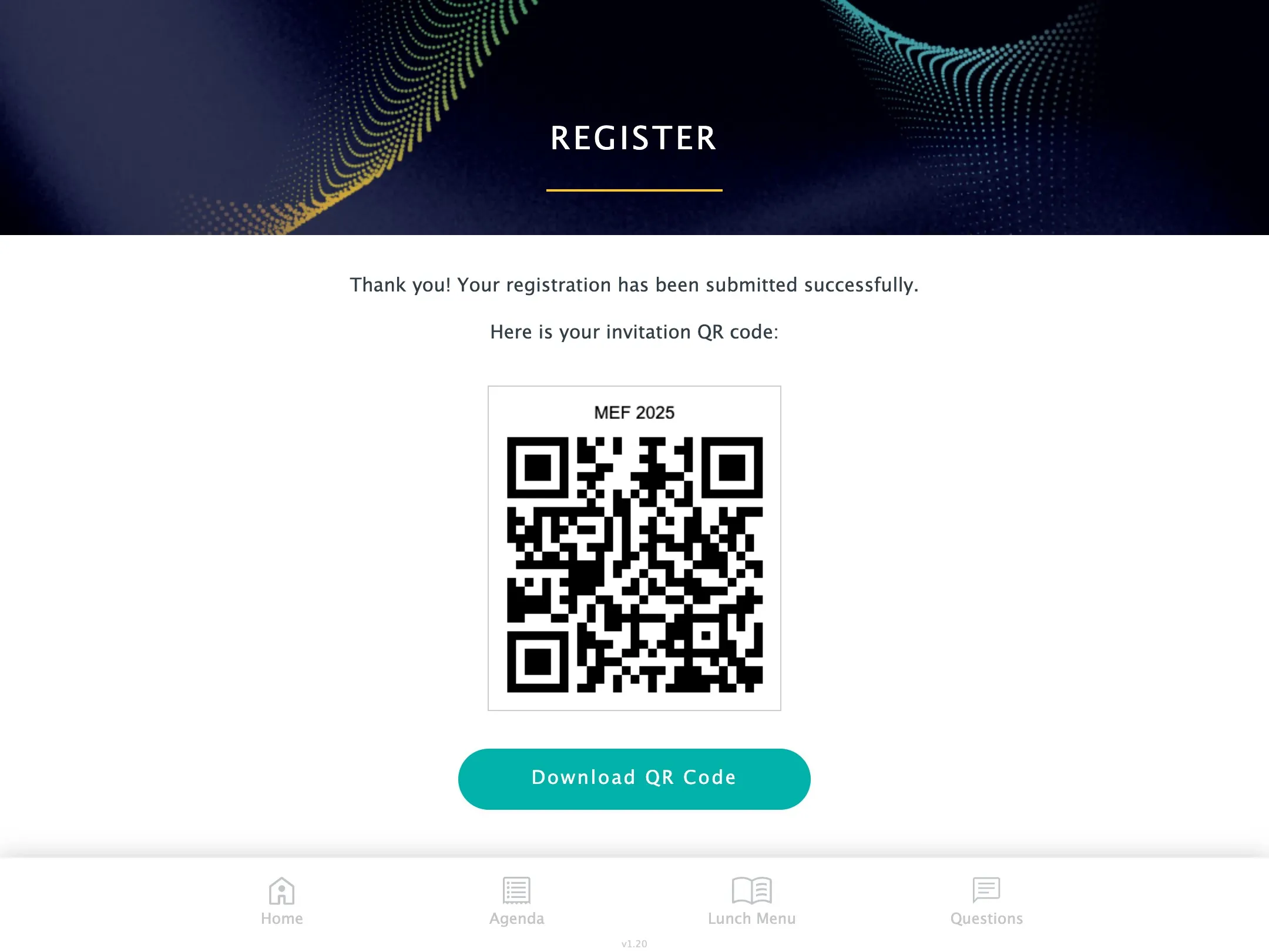 QR invitation shown right after registering (sample guest)