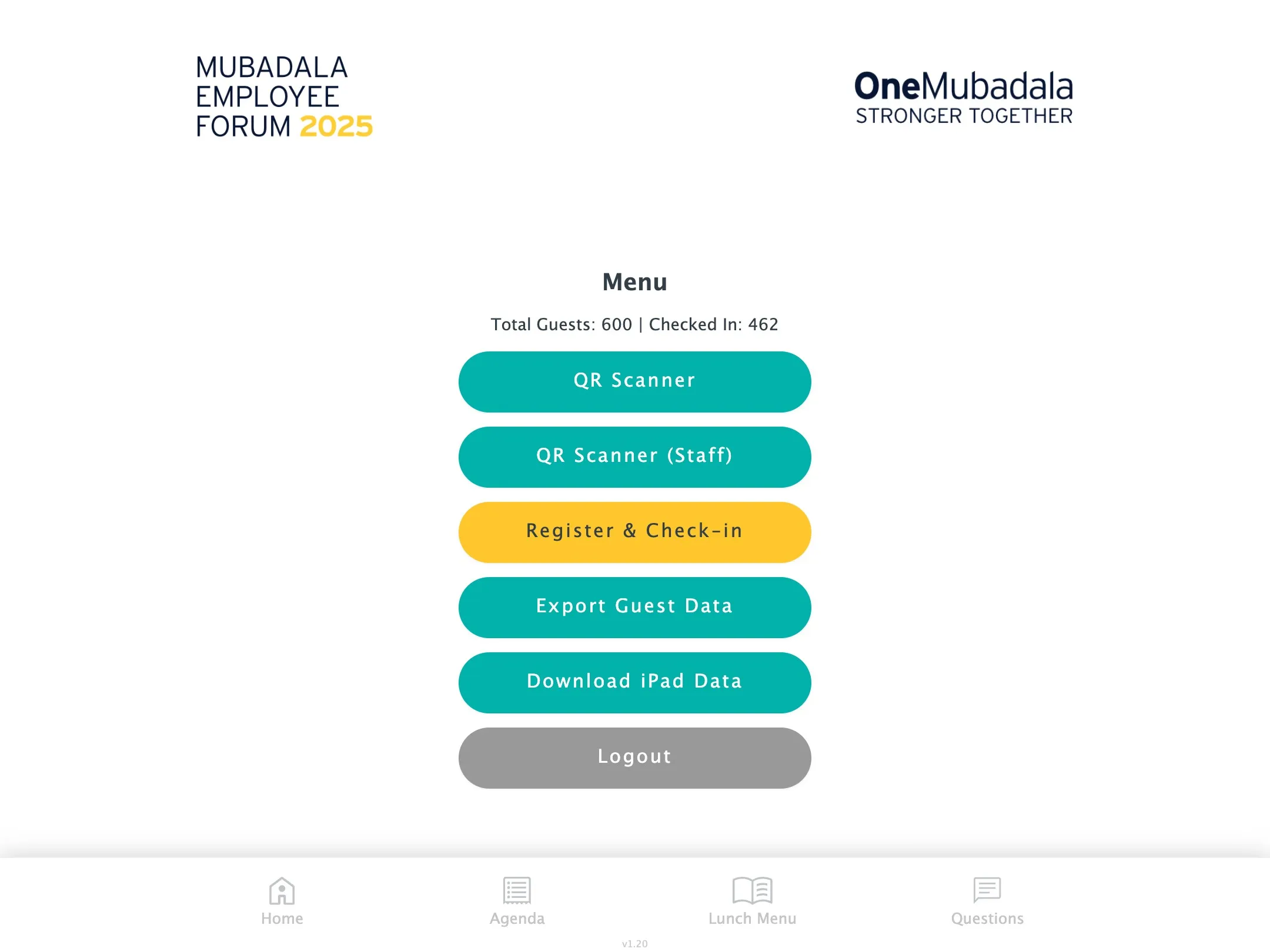 Hosts’ menu with scanners, walk-in registration, guest counts and export (sample figures)