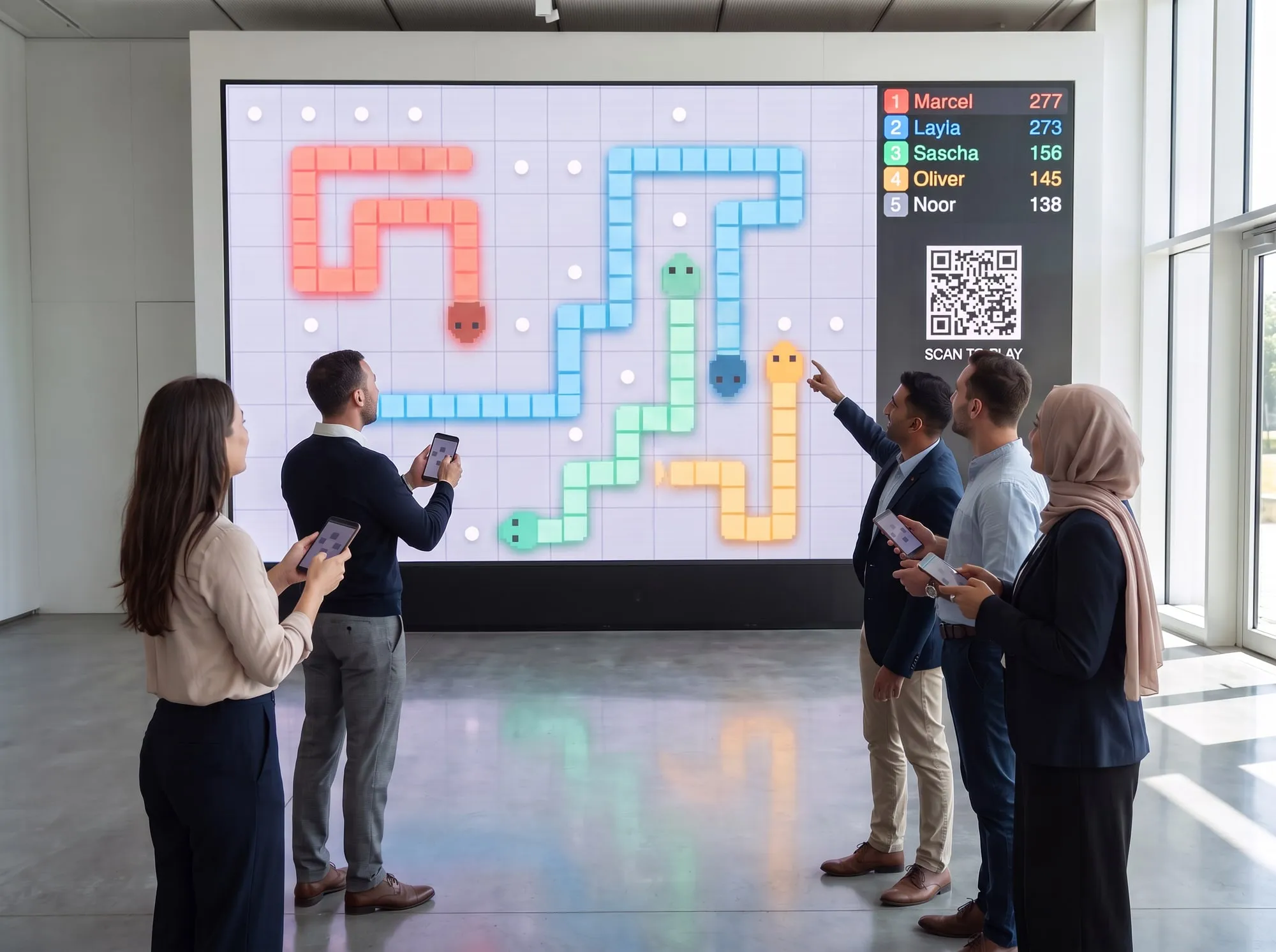 Event guests playing a multiplayer snake game on an LED wall with their phones