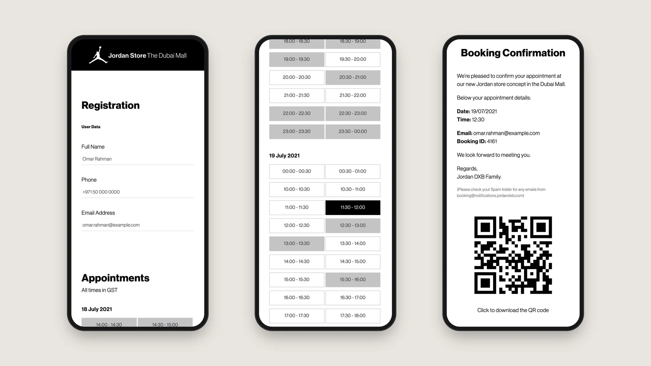 Booking on a phone: visitor details, choosing a time slot, and the confirmation with the QR code