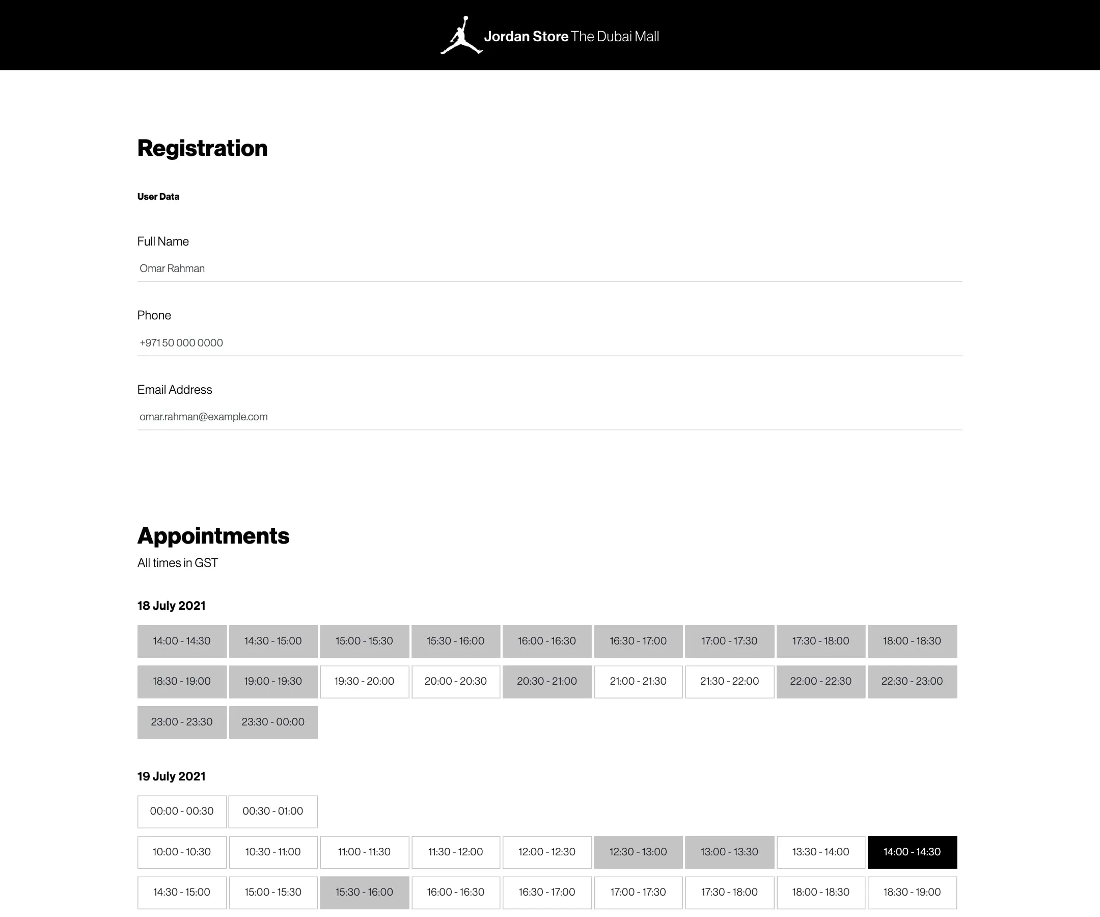 Appointment booking page of the Jordan store in The Dubai Mall with the available time slots