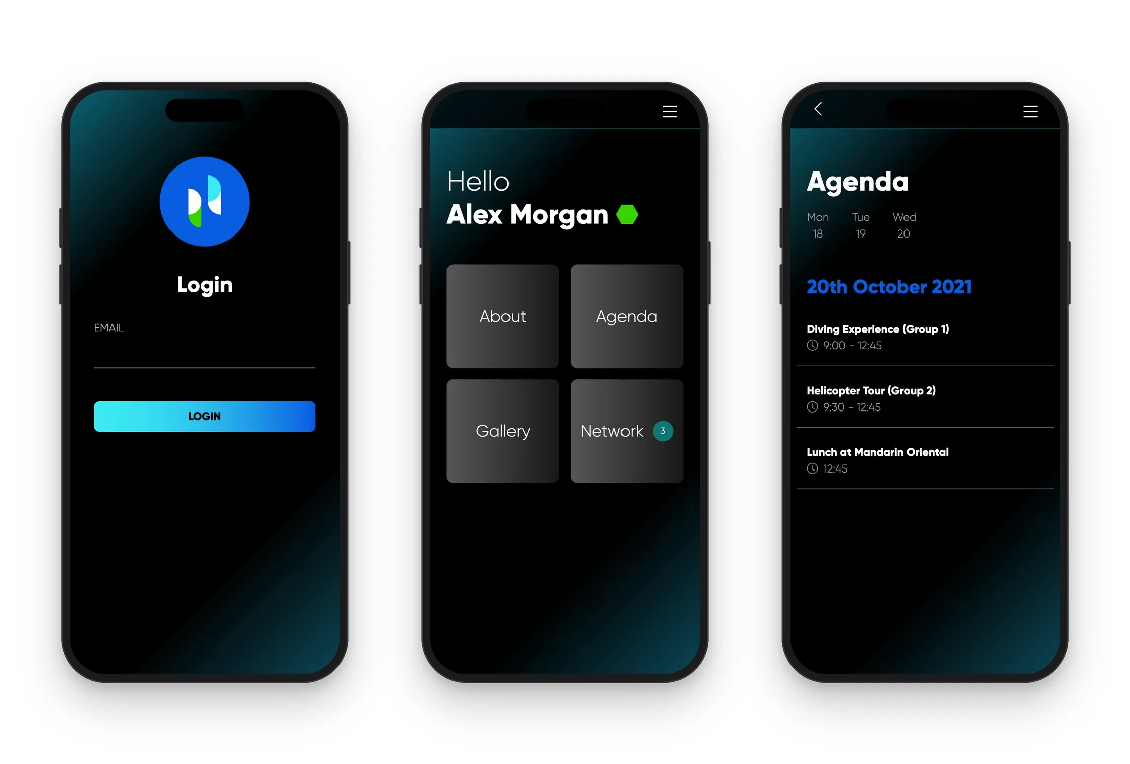 Phemex event app on phones: login, personal welcome screen with the menu tiles, and the agenda
