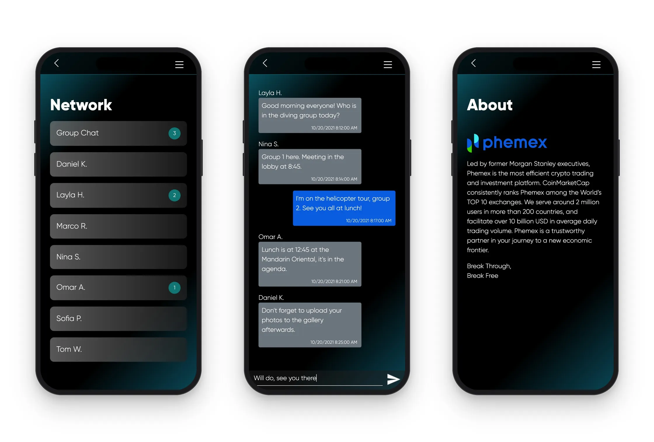 Phemex event app on phones: network list with unread messages, group chat, and the About page