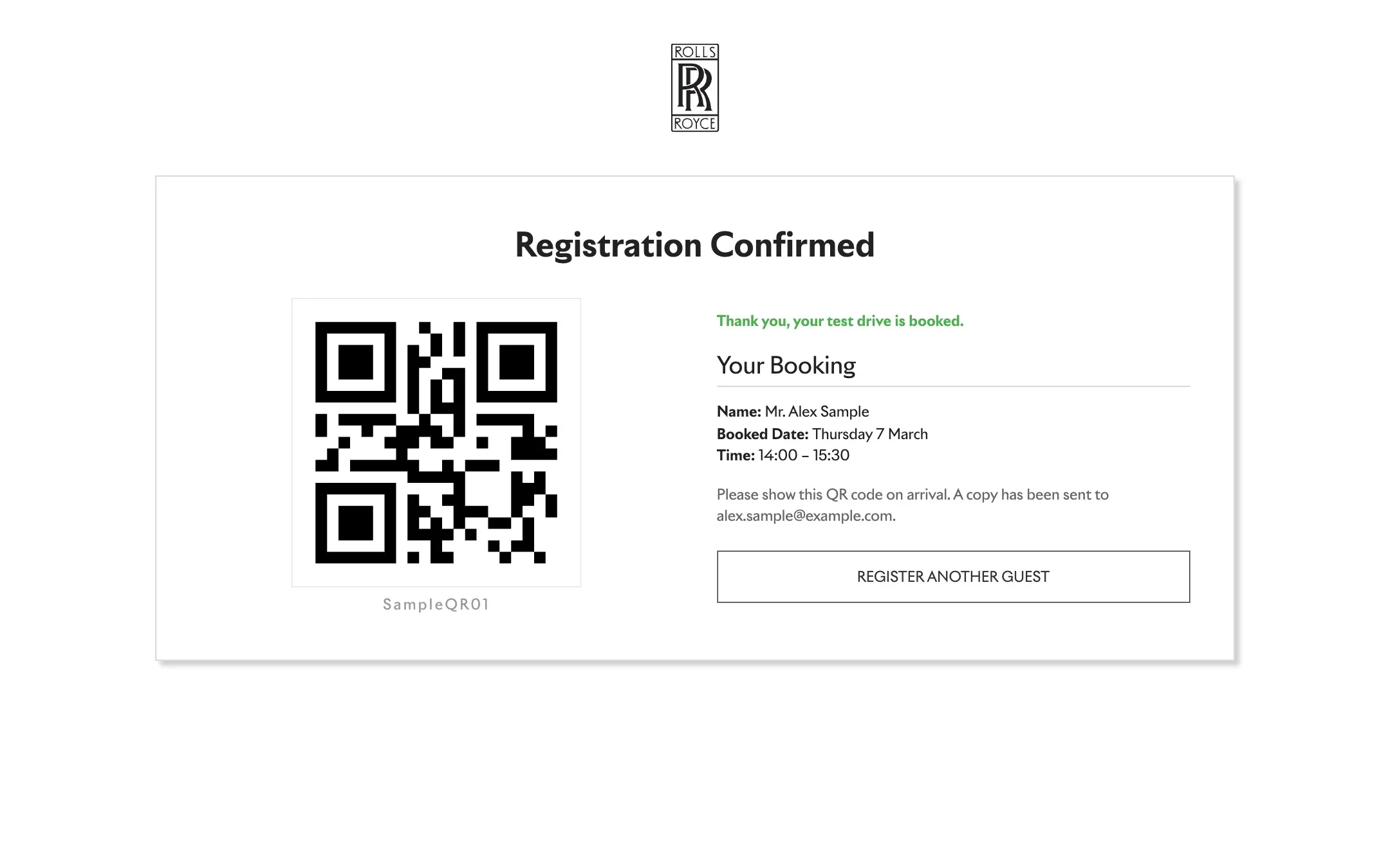 Registration confirmation with the booked date and time and the guest's QR code