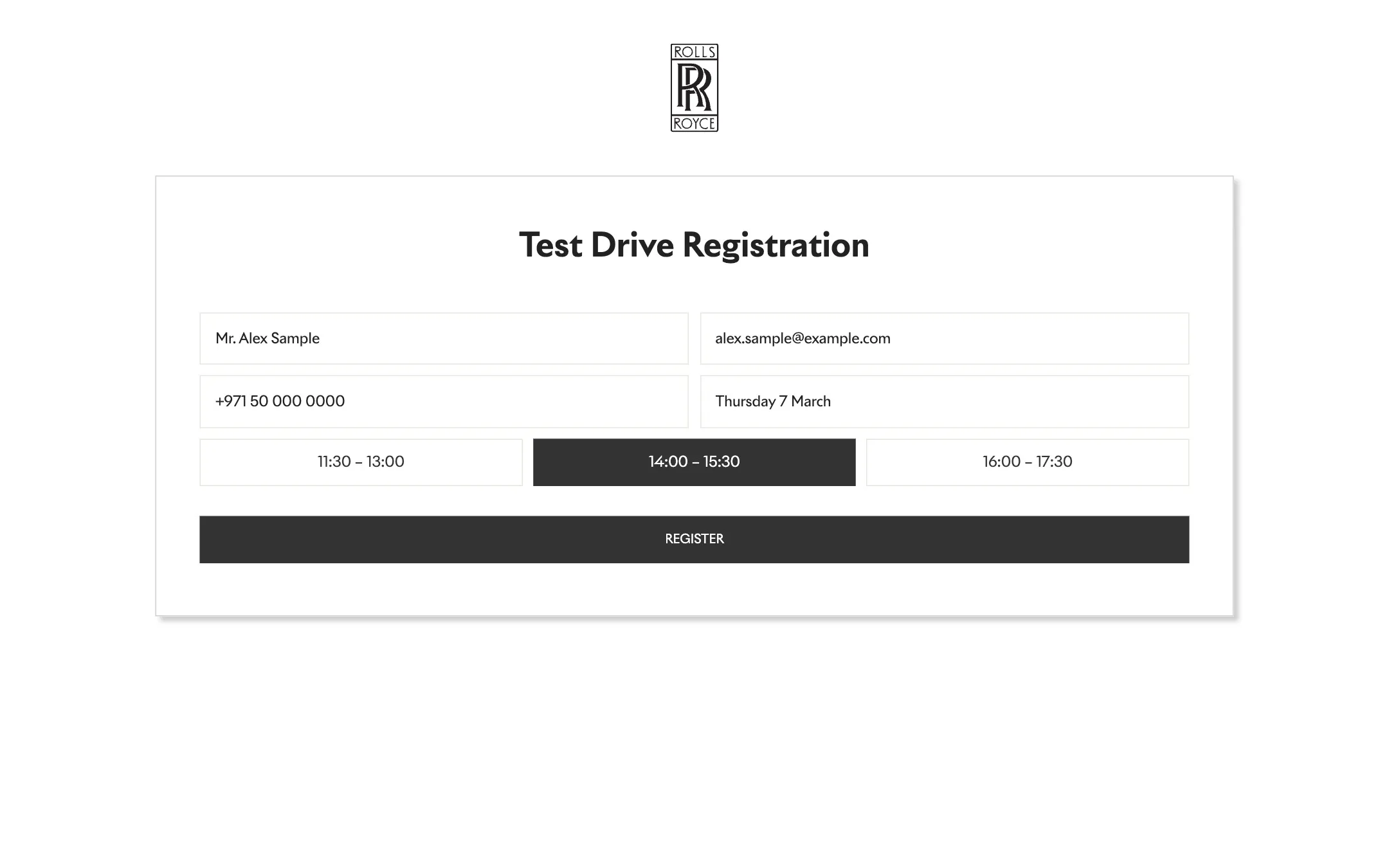 Test drive registration form with guest details, day and time slot