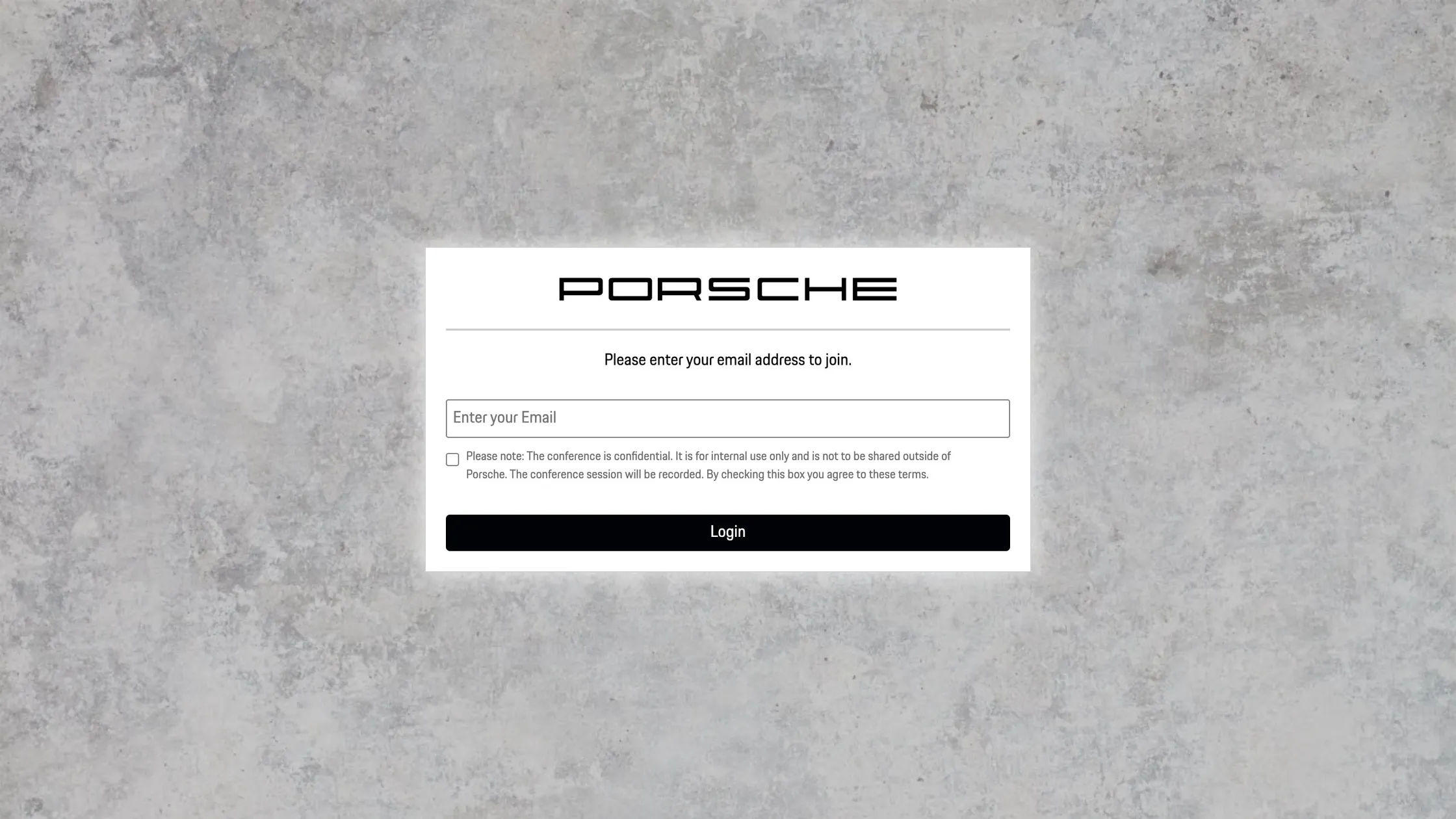 Porsche-branded email login with the confidentiality notice and consent checkbox