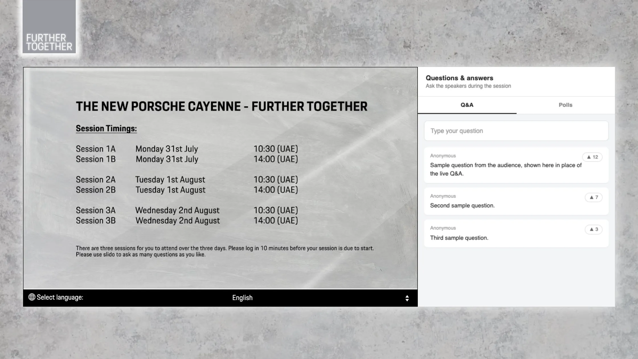 Stream page before a session: English holding poster with the session times, language selector and Q&A panel