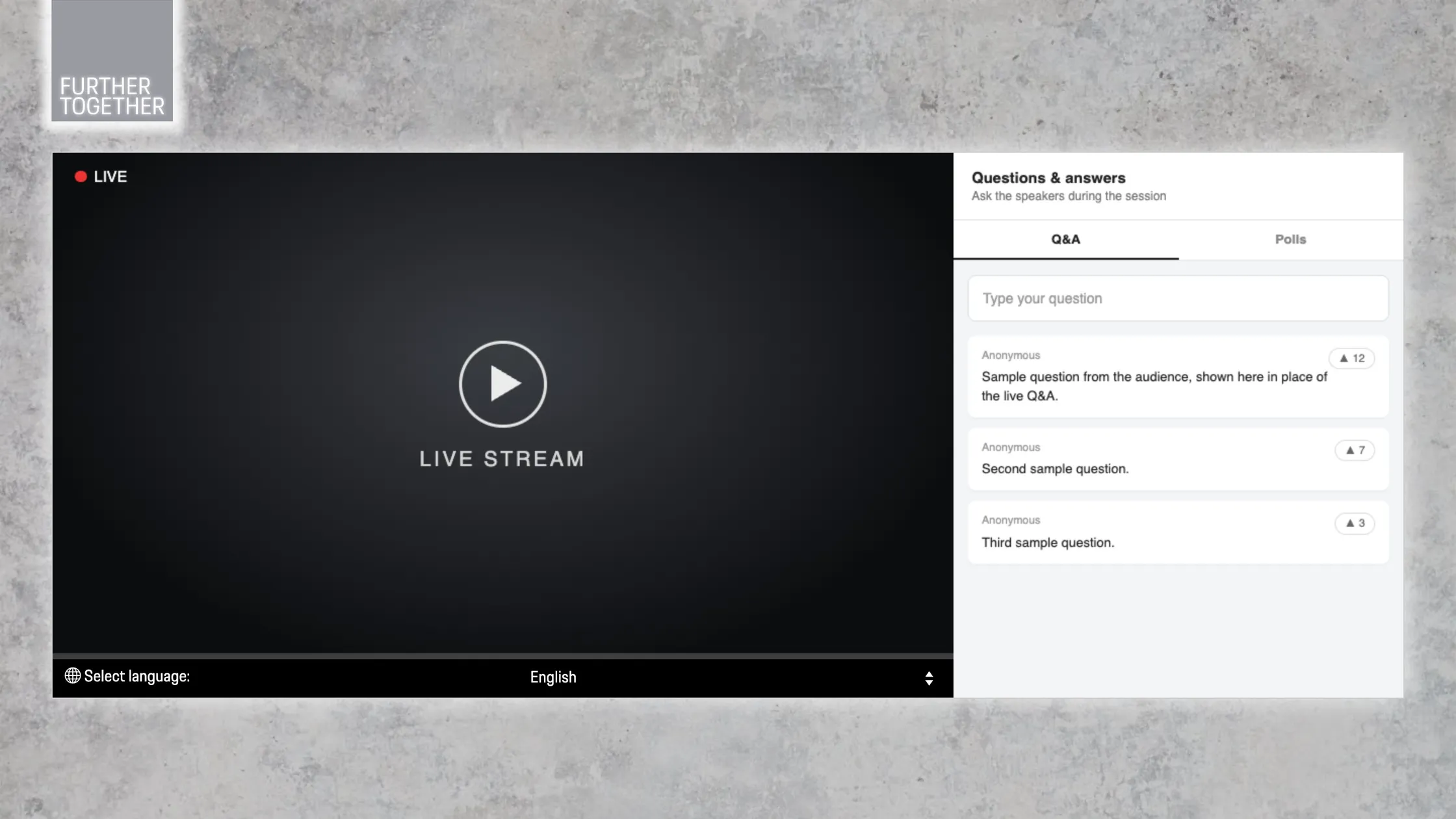Stream page during a session: live video with language selector and Q&A panel