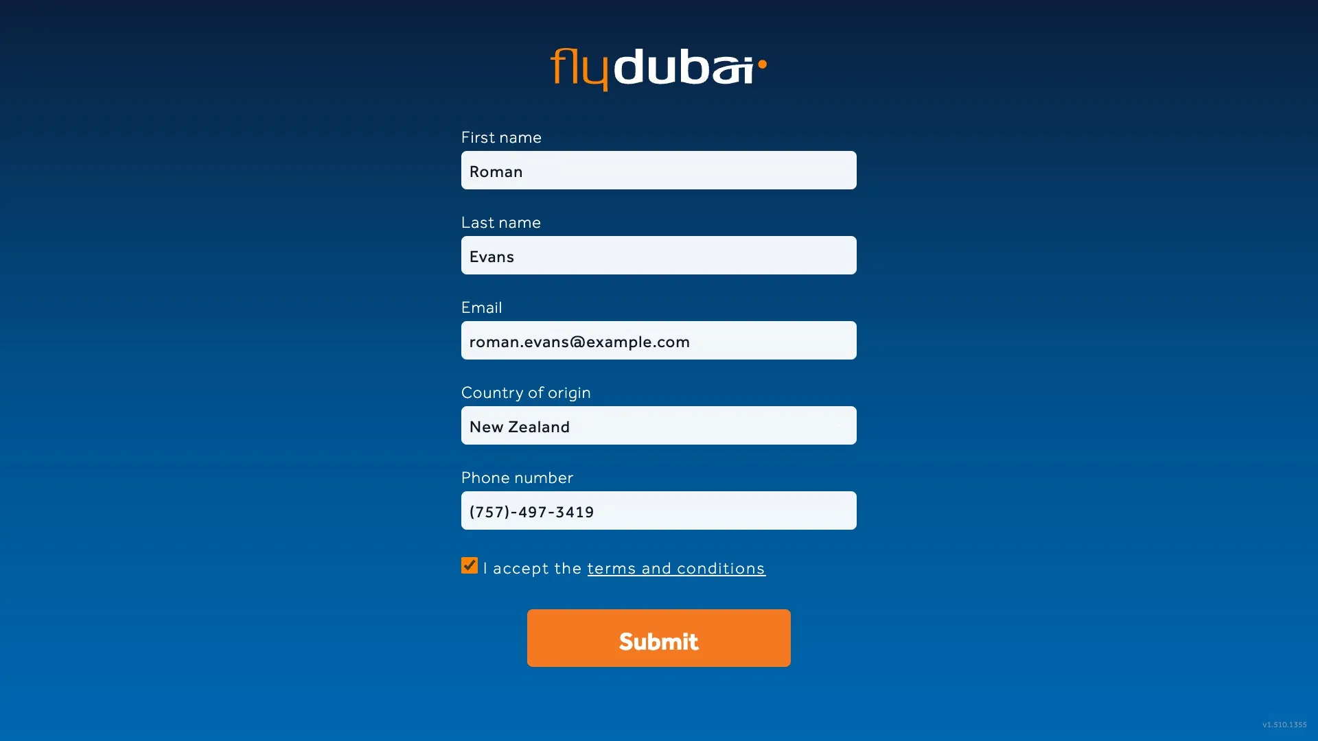 visitor registration form with contact fields, country selection and terms acceptance