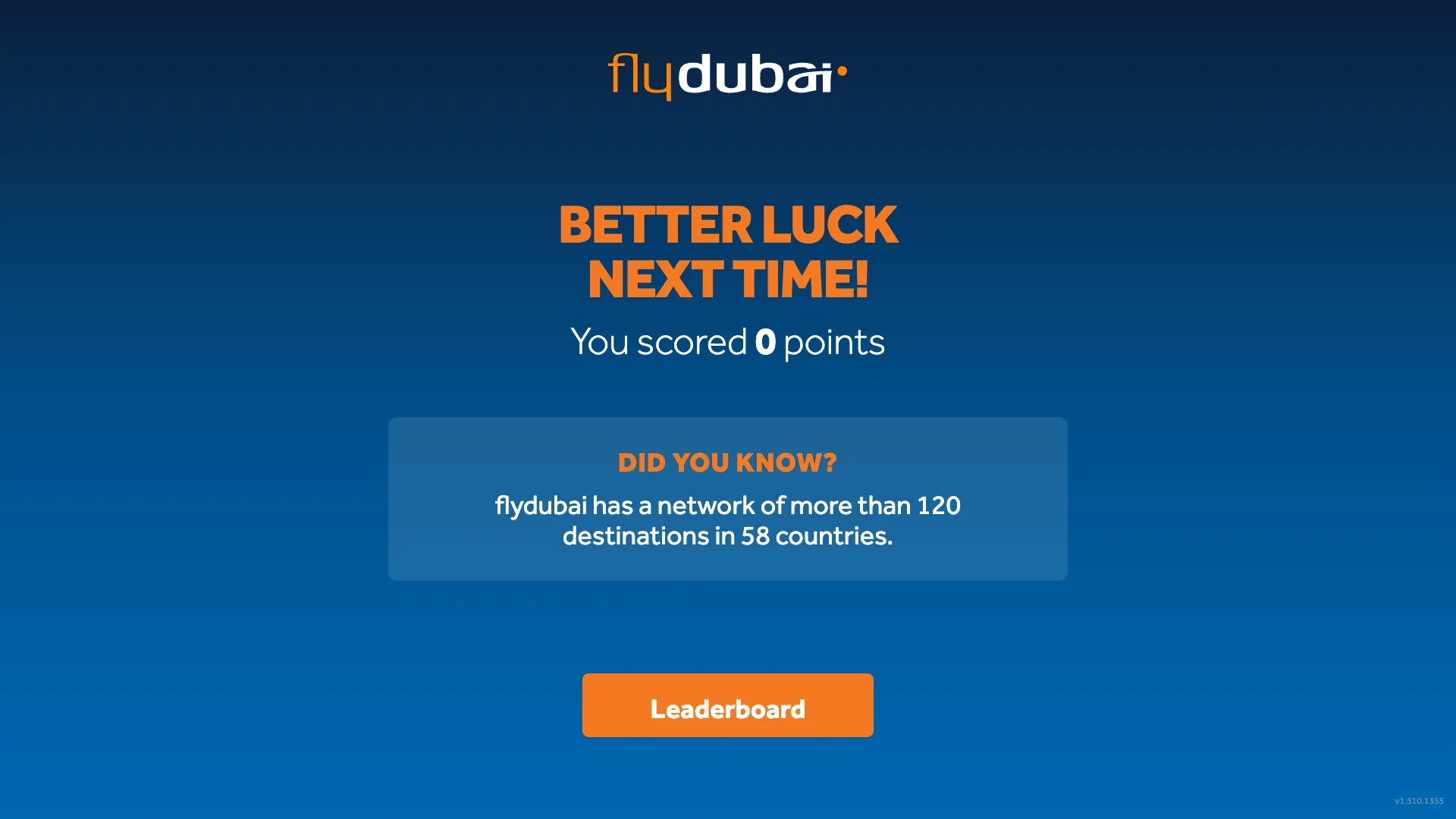 final score screen with a flydubai fact and leaderboard button