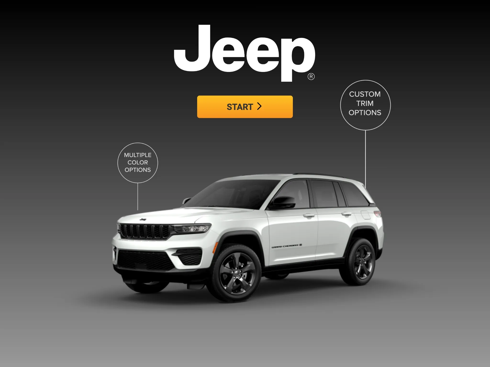 Start screen with the Jeep logo, the Grand Cherokee and callouts for colour and trim options