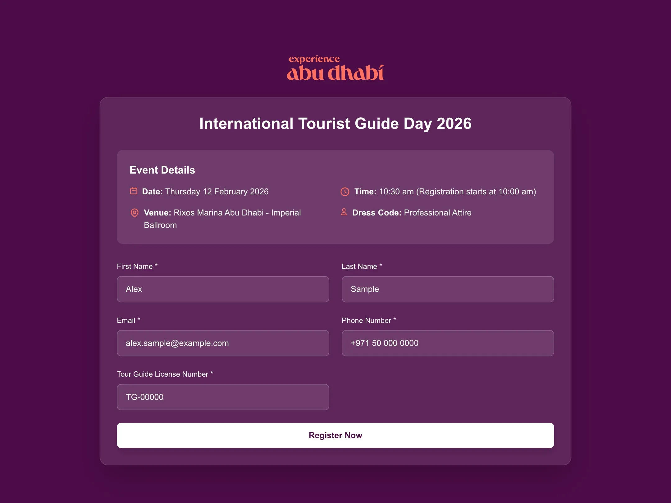 Registration form for tourist guides with the event details