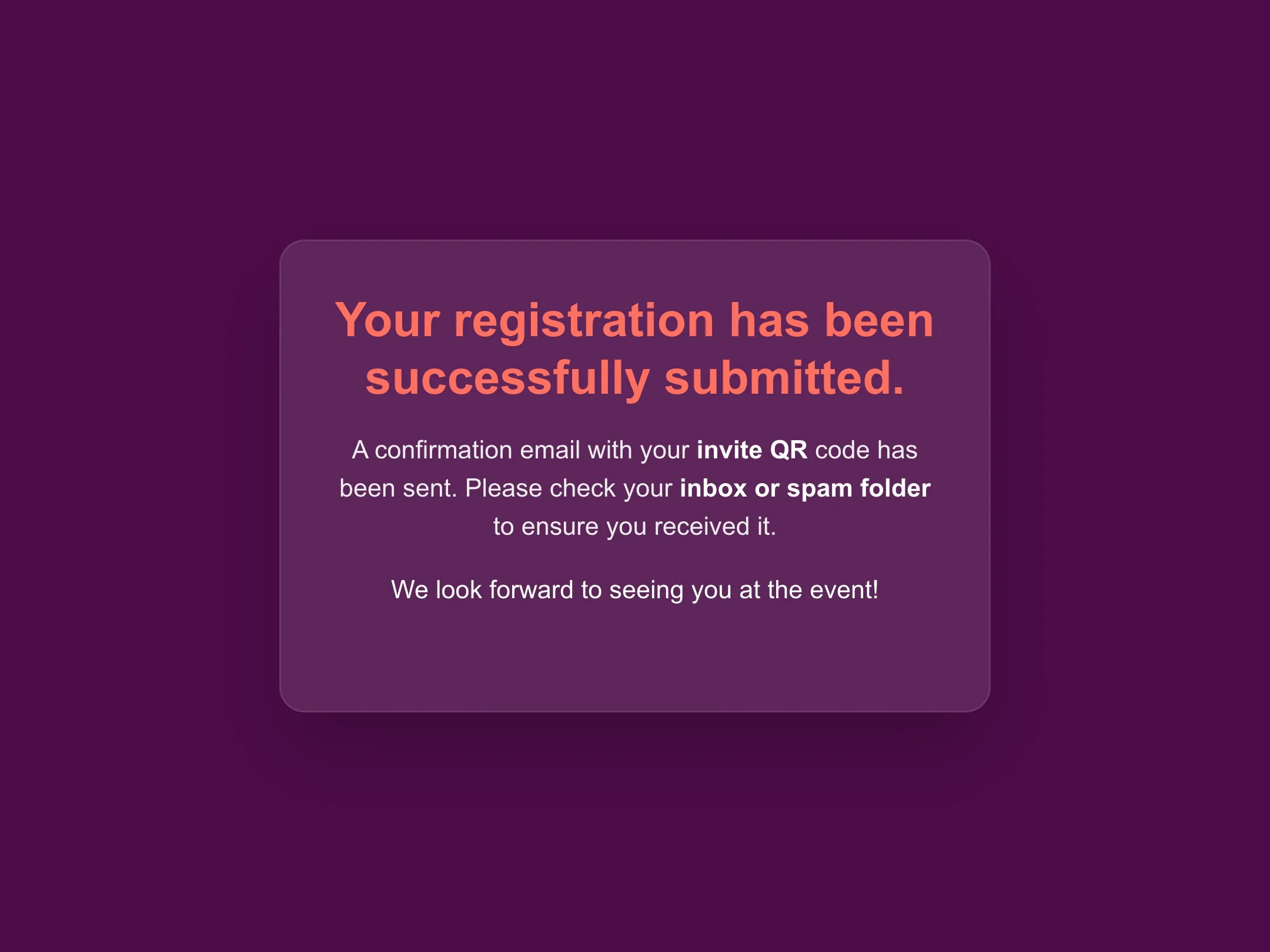 Confirmation after registering: the invite QR code is sent by email