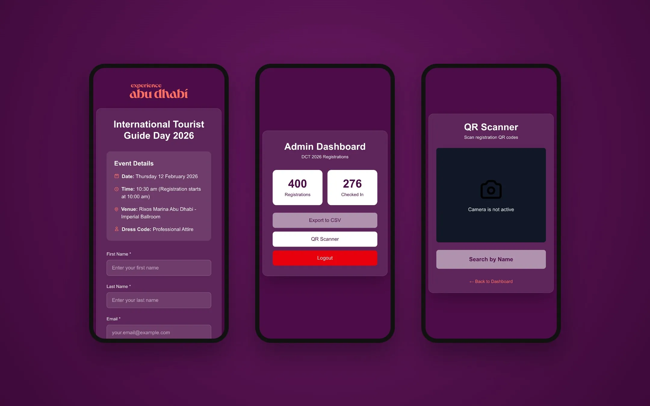 The registration page, the staff dashboard and the QR scanner on a phone