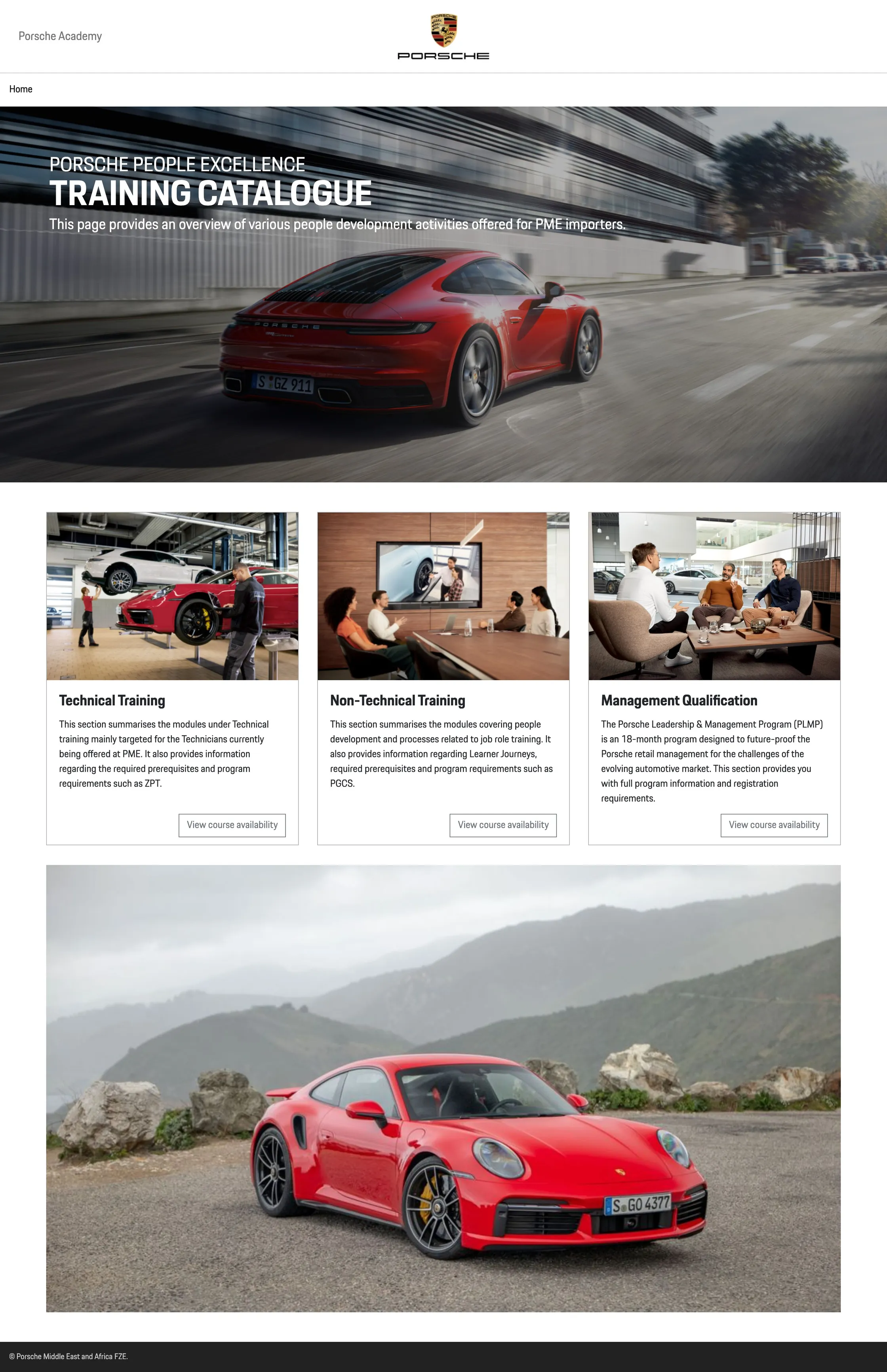 The whole start page of the Porsche Academy training catalogue: title banner, the three training categories and a 911