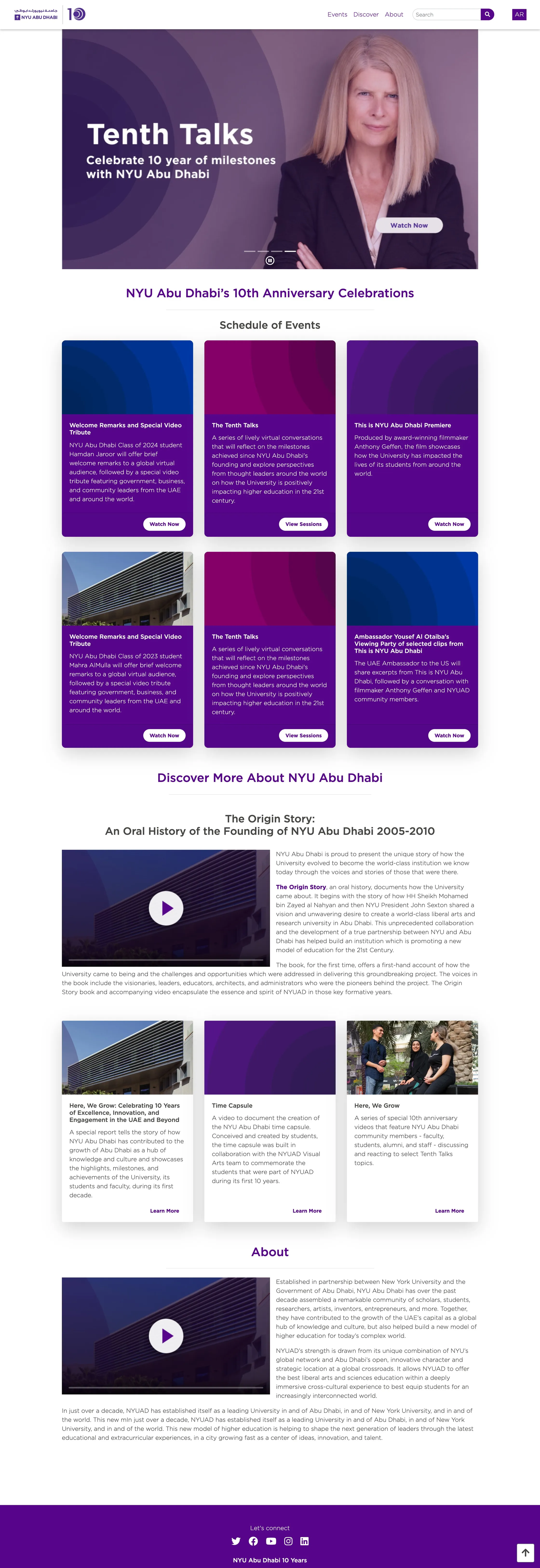 The whole start page of the NYU Abu Dhabi 10th anniversary platform: carousel, schedule of events, Discover and About sections