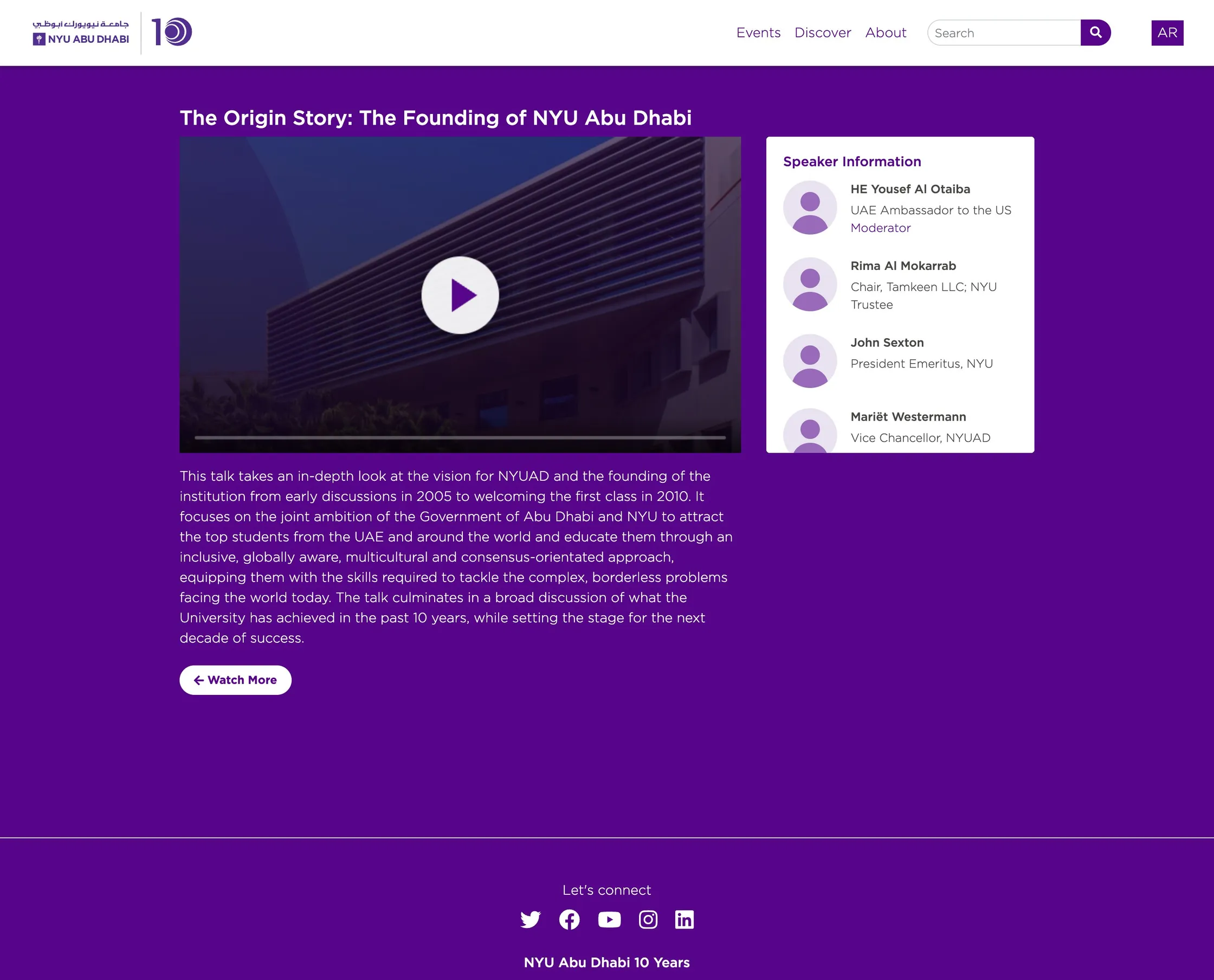 The whole page of one event with the video player, speaker list and description