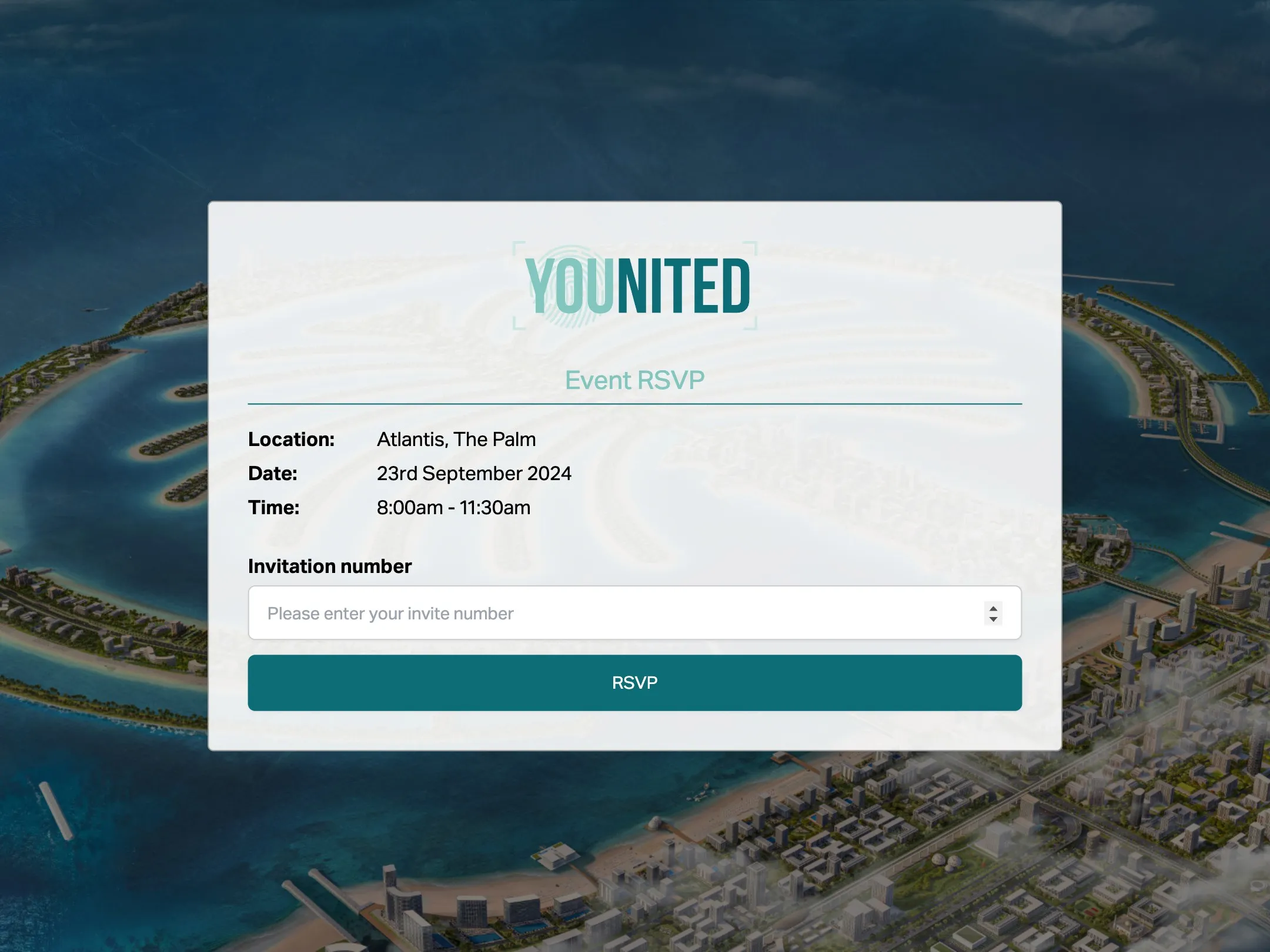 RSVP page with place, date, time and the field for the invitation number