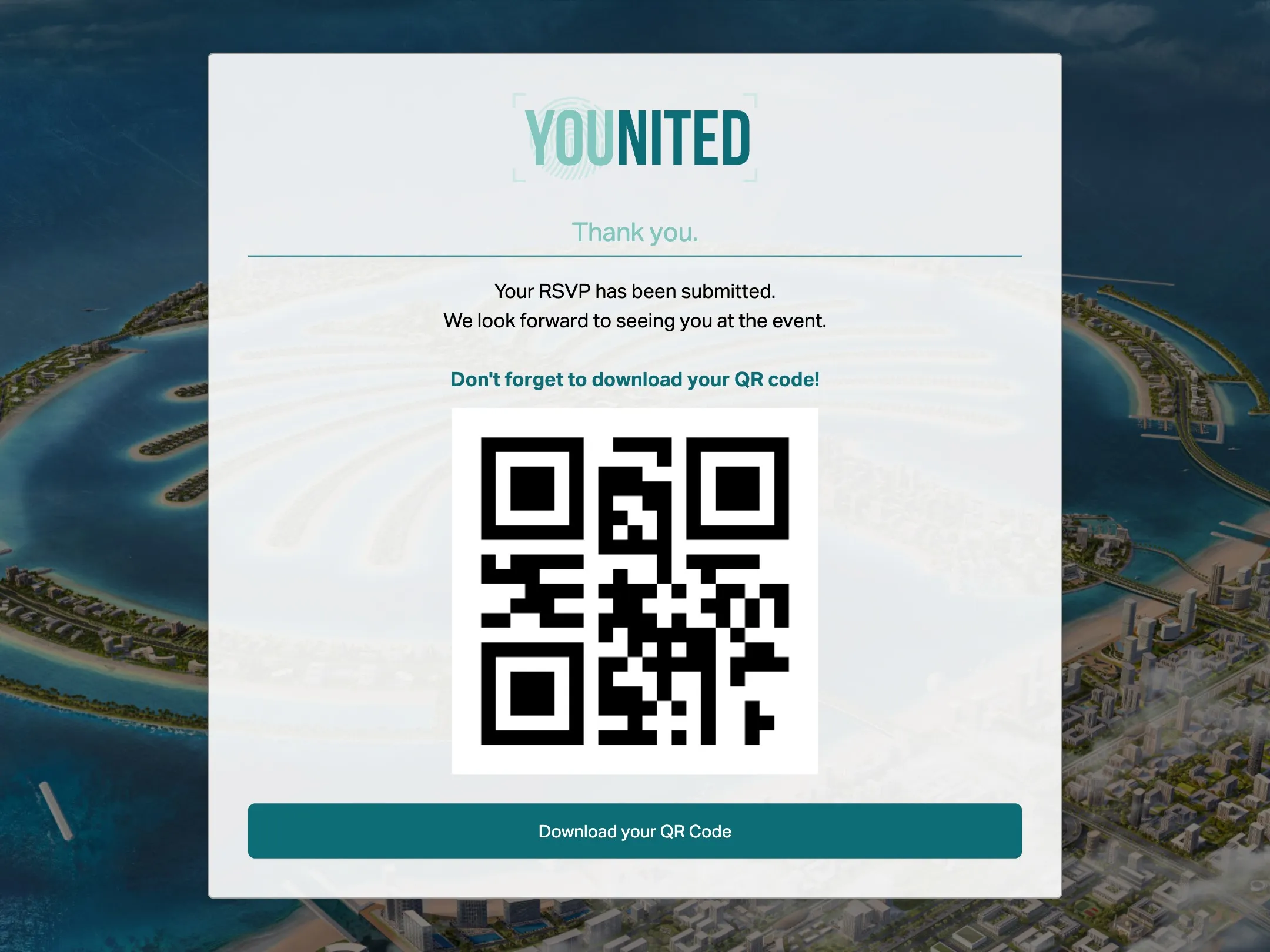 Thank you page with the personal QR code for the entrance (sample code)