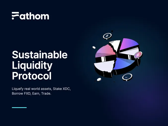 Fathom logo, the headline Sustainable Liquidity Protocol and the site's pie chart illustration on dark blue