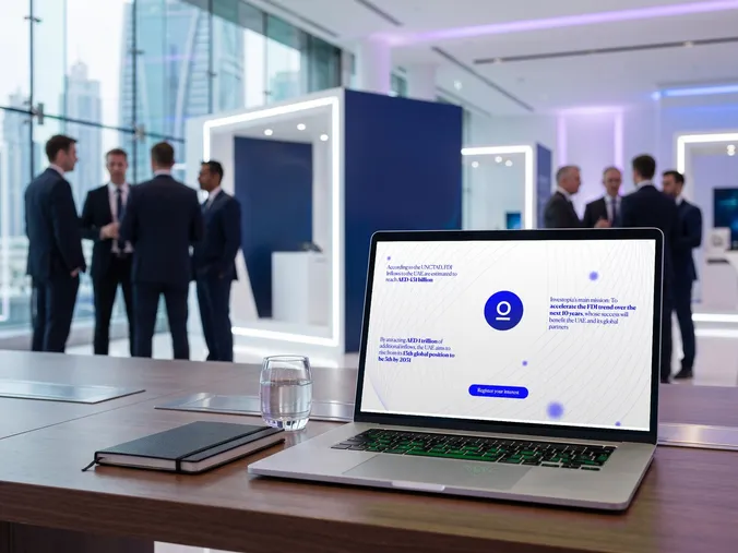 The screen shows an investment interest registration landing page on a laptop at a premium business forum.