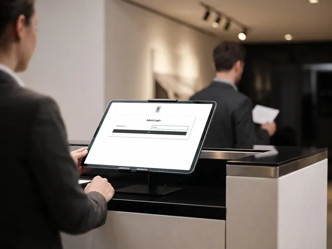 The screen shows an event staff admin login portal on a tablet at a premium reception check-in desk.