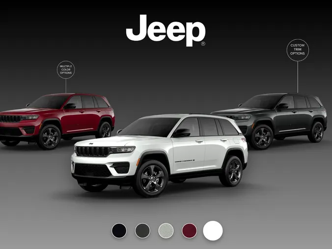 Jeep Grand Cherokee in white, red and grey with the Jeep logo and the app's colour swatches